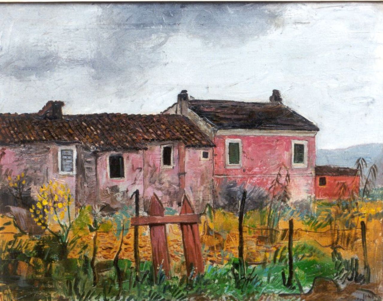 Kamerlingh Onnes H.H.  | 'Harm' Henrick Kamerlingh Onnes, Boerenhuis in Frans landschap, olieverf op doek 40,5 x 50,8 cm, gesigneerd rechtsonder monogram en gedateerd '57