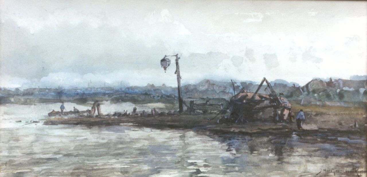 Mastenbroek J.H. van | Johan Hendrik van Mastenbroek, Waterkant met hijsvuur, aquarel op papier 17,1 x 34,2 cm, gesigneerd rechtsonder en gedateerd '97 Mastenbroek J.H. van | Johan Hendrik van Mastenbroek, Waterkant met hijsvuur, aquarel op papier 17,1 x 34,2 cm, gesigneerd rechtsonder en gedateerd '97