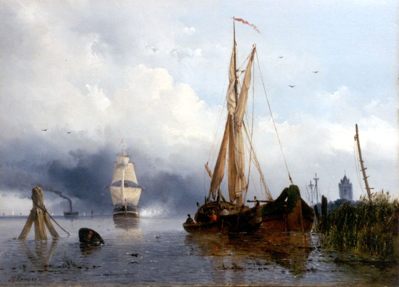 Hans J.G.  | Josephus Gerardus Hans, Zeilschepen bij een havenmond met een stoomschip aan de horizon, olieverf op paneel 34,2 x 47,4 cm, gesigneerd linksonder en gedateerd '50