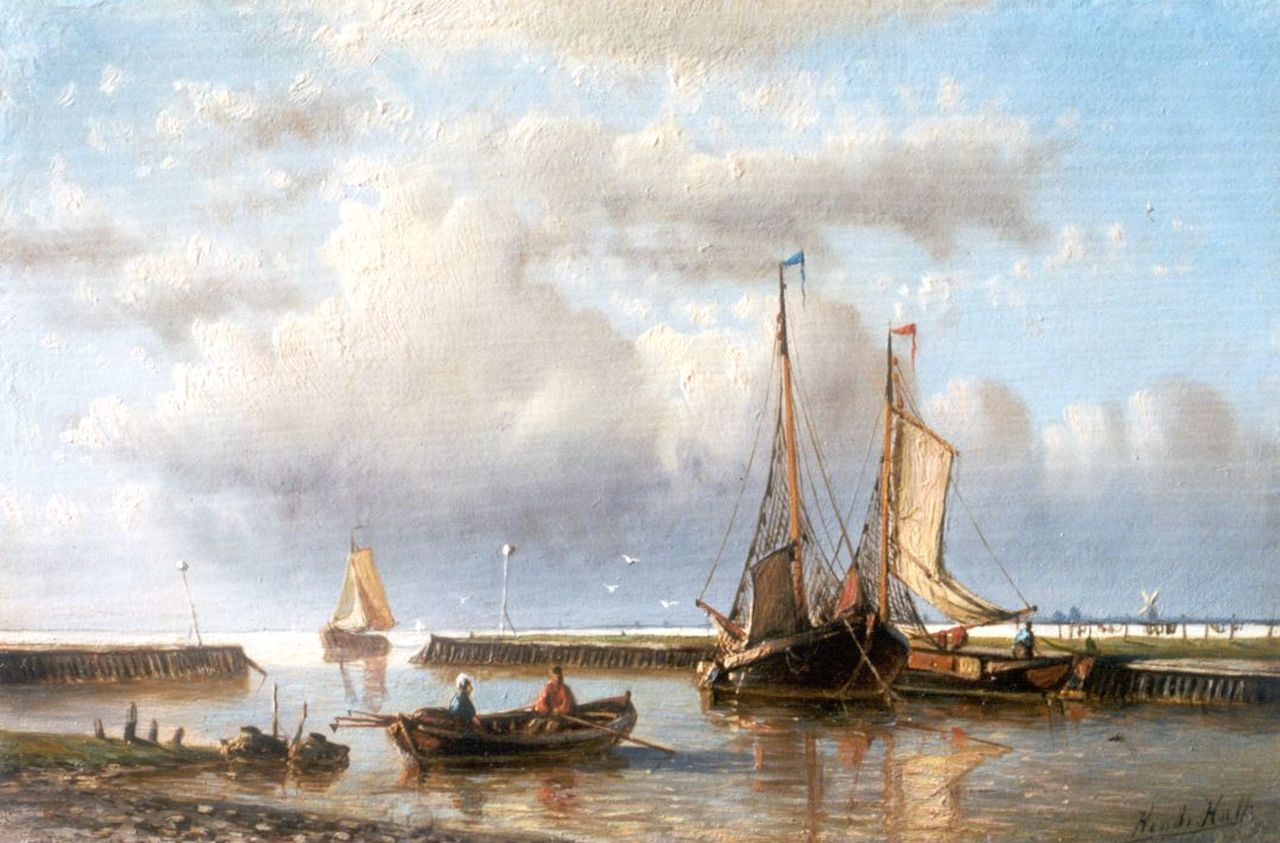 Hulk H.  | Hendrik Hulk, Schepen in een havenmond, olieverf op paneel 17,8 x 26,8 cm, gesigneerd rechtsonder