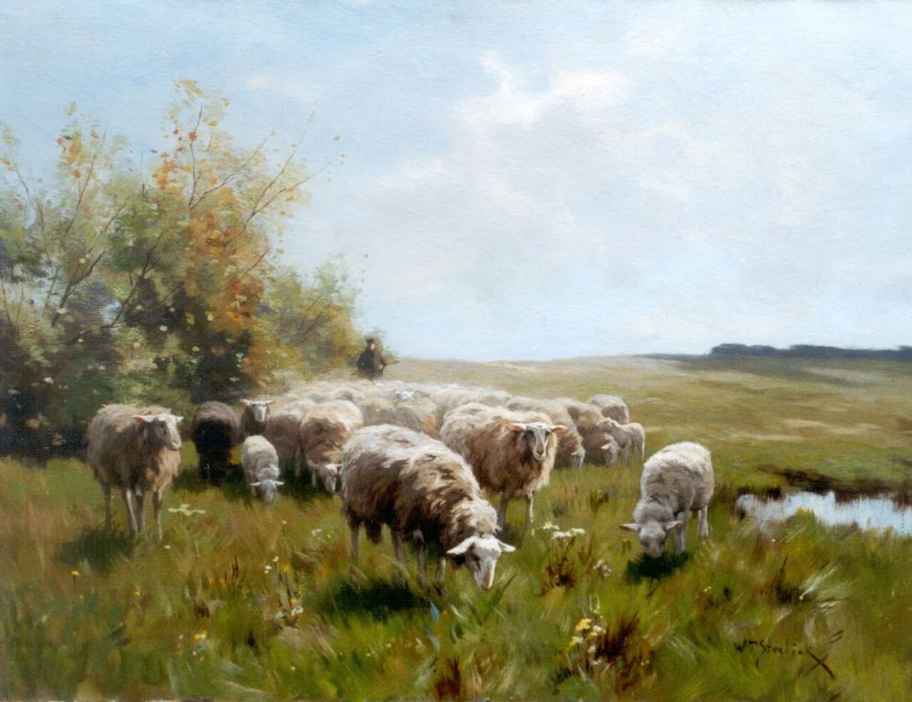 Steelink jr. W. | Willem Steelink jr., Schaapskudde met herder, olieverf op doek 51,2 x 66,5 cm, gesigneerd rechtsonder Steelink jr. W. | Willem Steelink jr., Schaapskudde met herder, olieverf op doek 51,2 x 66,5 cm, gesigneerd rechtsonder