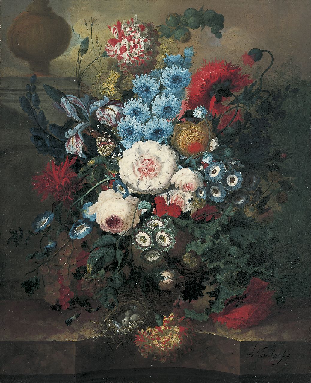 Os J. van | Jan van Os, Stilleven van bloemen in een vaas op een marmeren plint, olieverf op doek 52,1 x 42,2 cm, gesigneerd rechtsonder Os J. van | Jan van Os, Stilleven van bloemen in een vaas op een marmeren plint, olieverf op doek 52,1 x 42,2 cm, gesigneerd rechtsonder