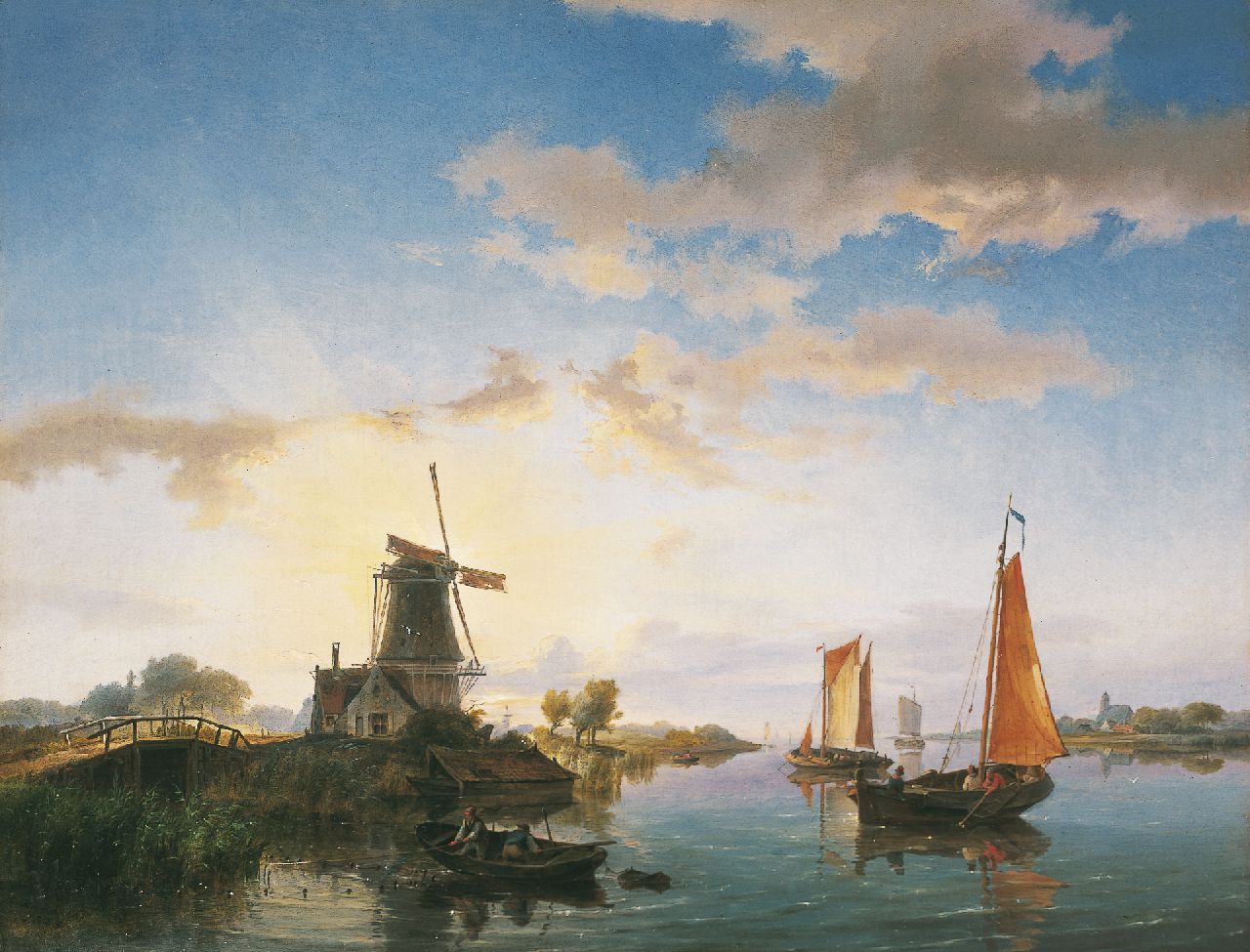 Koekkoek H. | Hermanus Koekkoek, Rivierlandschap met schepen en molen bij zonsondergang, olieverf op doek 40,5 x 52,3 cm, gesigneerd linksonder + verso op etik en gedateerd 1845 Koekkoek H. | Hermanus Koekkoek, Rivierlandschap met schepen en molen bij zonsondergang, olieverf op doek 40,5 x 52,3 cm, gesigneerd linksonder + verso op etik en gedateerd 1845