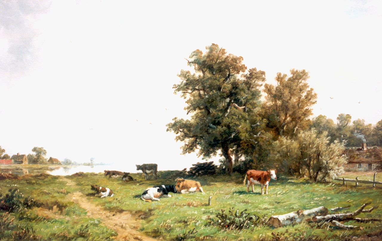 Wijngaerdt A.J. van | Anthonie Jacobus van Wijngaerdt, Rivierlandschap met koeien aan de waterkant, olieverf op doek 33,0 x 48,0 cm, gesigneerd linksonder Wijngaerdt A.J. van | Anthonie Jacobus van Wijngaerdt, Rivierlandschap met koeien aan de waterkant, olieverf op doek 33,0 x 48,0 cm, gesigneerd linksonder