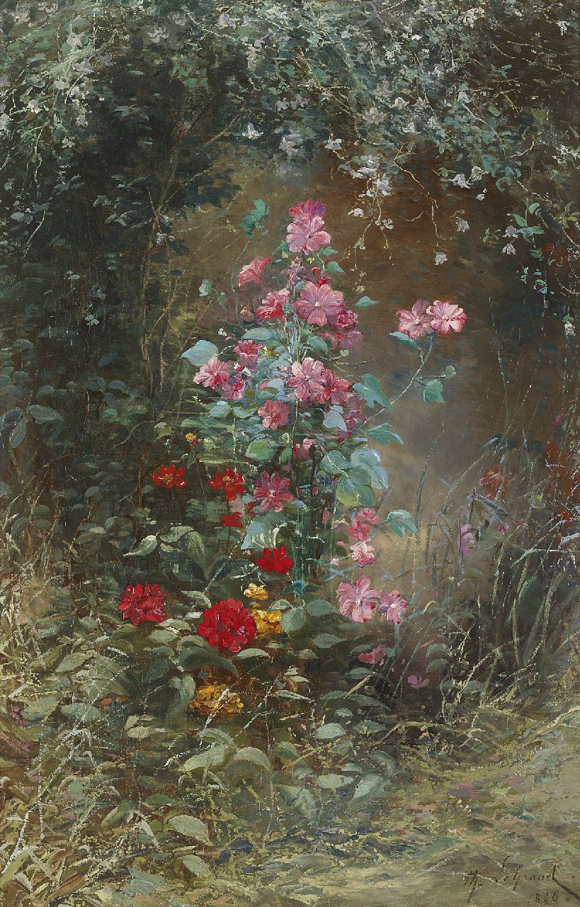 Legrand J.T.  | Jacques 'Théodore' Legrand, Bloemenweelde in het bos, olieverf op doek 92,3 x 59,8 cm, gesigneerd rechtsonder en gedateerd 1886