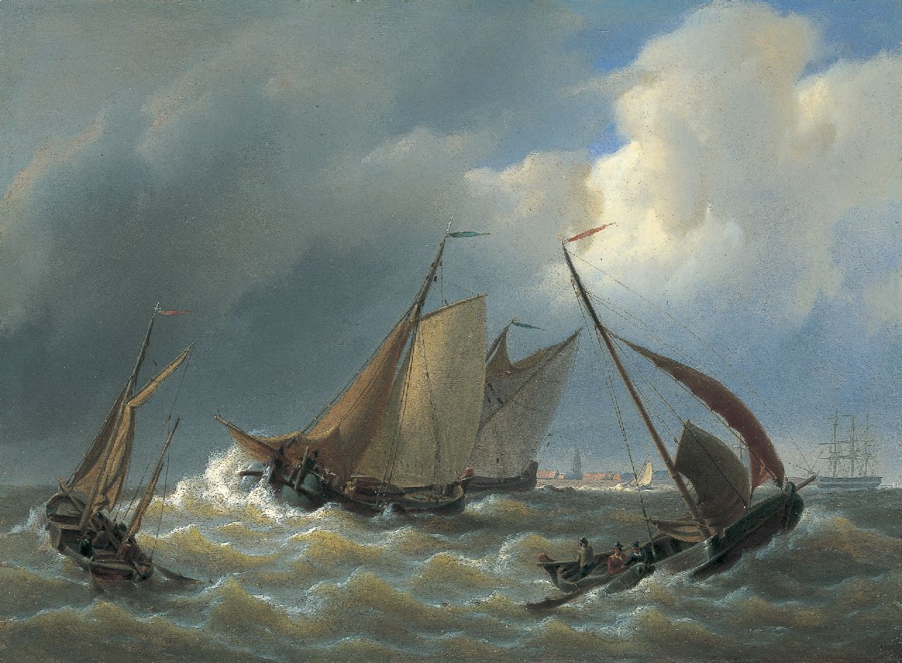 Schotel P.J.  | Petrus Johannes Schotel, Botters en vrachtschepen op woelige zee, olieverf op paneel 26,7 x 36,2 cm, gesigneerd rechtsonder