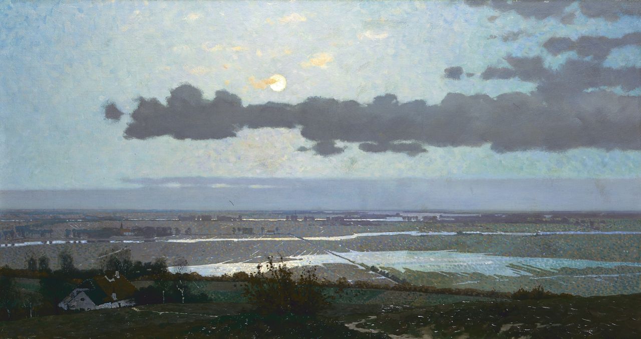 Wiggers D. | Dirk 'Derk' Wiggers, De Ooijpolder bij Nijmegen bij volle maan, olieverf op doek 56,8 x 105,7 cm, gesigneerd rechtsonder en gedateerd 1913 Wiggers D. | Dirk 'Derk' Wiggers, De Ooijpolder bij Nijmegen bij volle maan, olieverf op doek 56,8 x 105,7 cm, gesigneerd rechtsonder en gedateerd 1913