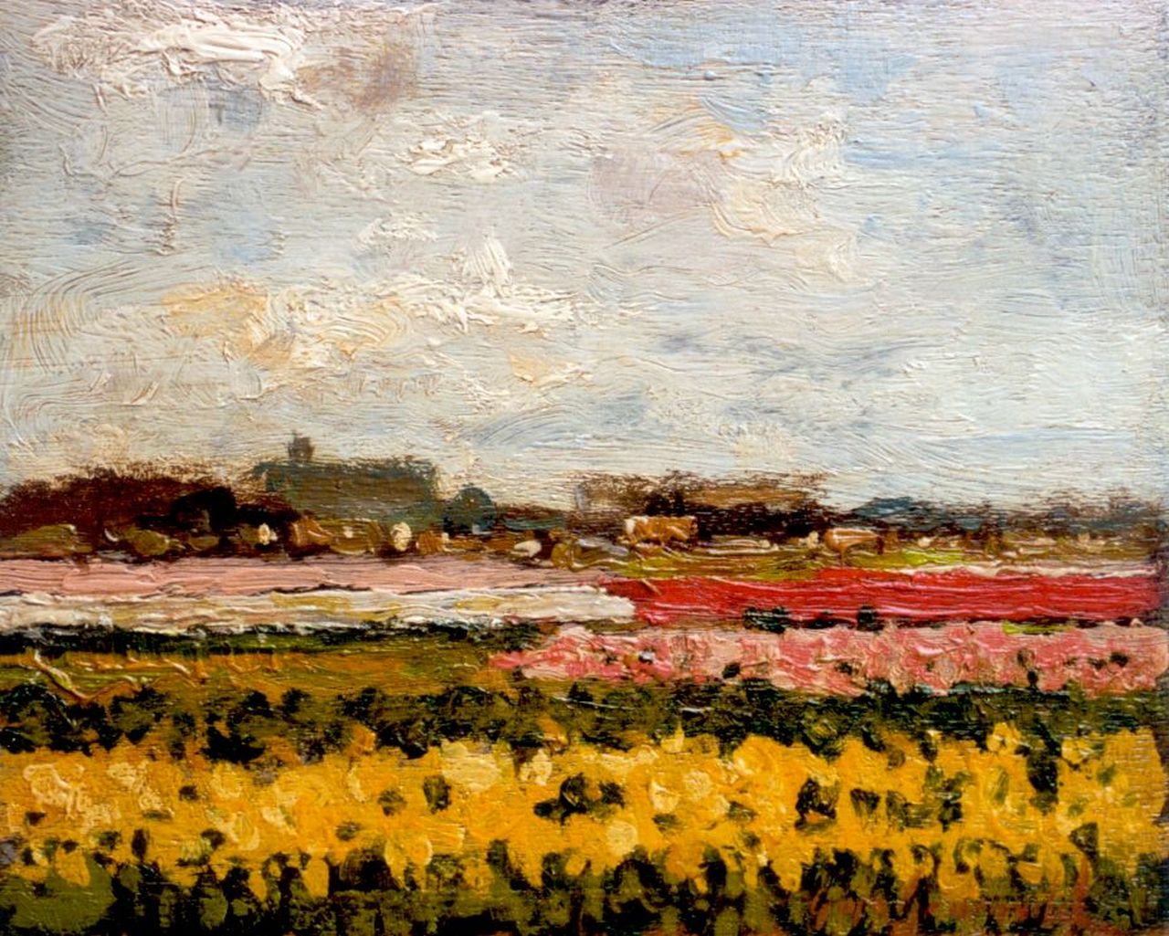 Groeneveld C. | Cornelis Groeneveld, Bollenvelden, olieverf op paneel 18,0 x 22,7 cm, gesigneerd rechtsonder Groeneveld C. | Cornelis Groeneveld, Bollenvelden, olieverf op paneel 18,0 x 22,7 cm, gesigneerd rechtsonder