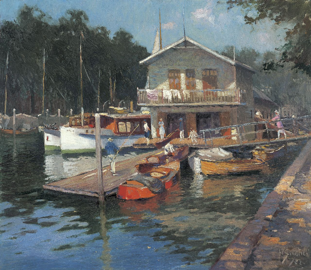 Schotel A.P.  | Anthonie Pieter Schotel, Jachthaven met clubhuis van de KDRZV, Dordrecht, olieverf op doek 59,5 x 68,5 cm, gesigneerd rechtsonder en gedateerd '22