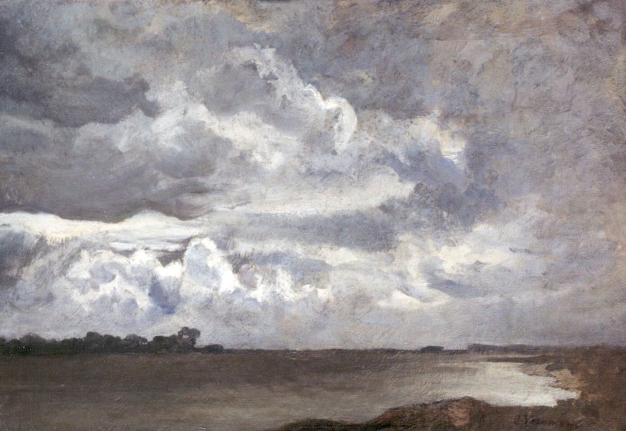 Voerman sr. J. | Jan Voerman sr., Stapelwolken boven de IJssel bij Hattem, olieverf op doek op paneel 27,8 x 38,5 cm, gesigneerd rechtsonder Voerman sr. J. | Jan Voerman sr., Stapelwolken boven de IJssel bij Hattem, olieverf op doek op paneel 27,8 x 38,5 cm, gesigneerd rechtsonder