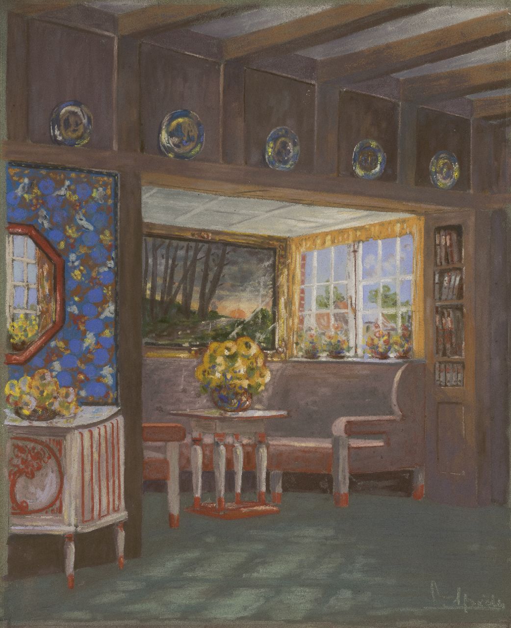 Spéder L.  | Luciën Spéder | Aquarellen en tekeningen te koop aangeboden | Art Deco interieur, pastel op papier 60,2 x 49,8 cm, gesigneerd rechtsonder