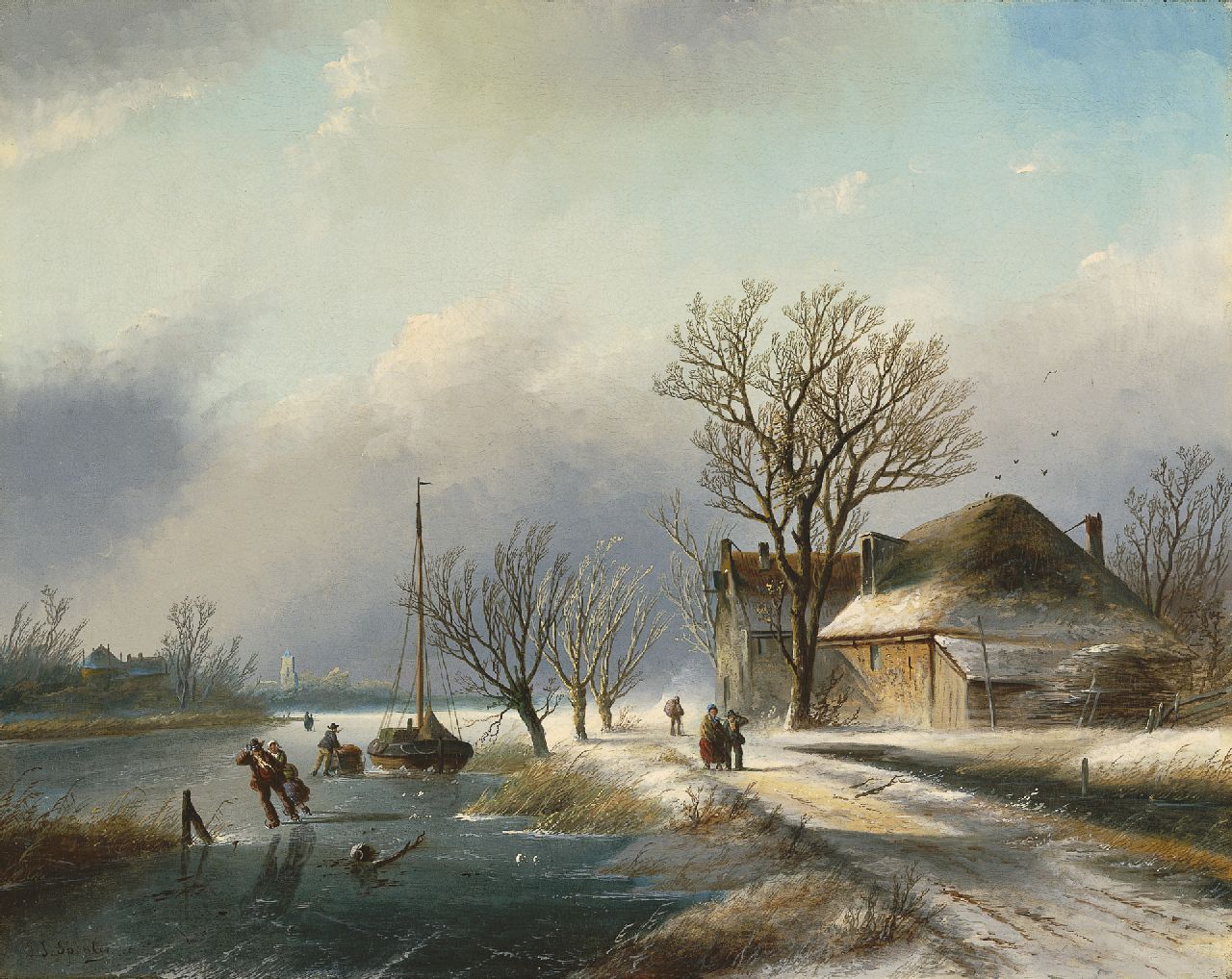 Spohler J.J.C. | Jacob Jan Coenraad Spohler, IJsgezicht met schaatsers, olieverf op doek 59,5 x 74,9 cm, gesigneerd linksonder met J.J. Spohler en te dateren ca. 1865 Spohler J.J.C. | Jacob Jan Coenraad Spohler, IJsgezicht met schaatsers, olieverf op doek 59,5 x 74,9 cm, gesigneerd linksonder met J.J. Spohler en te dateren ca. 1865