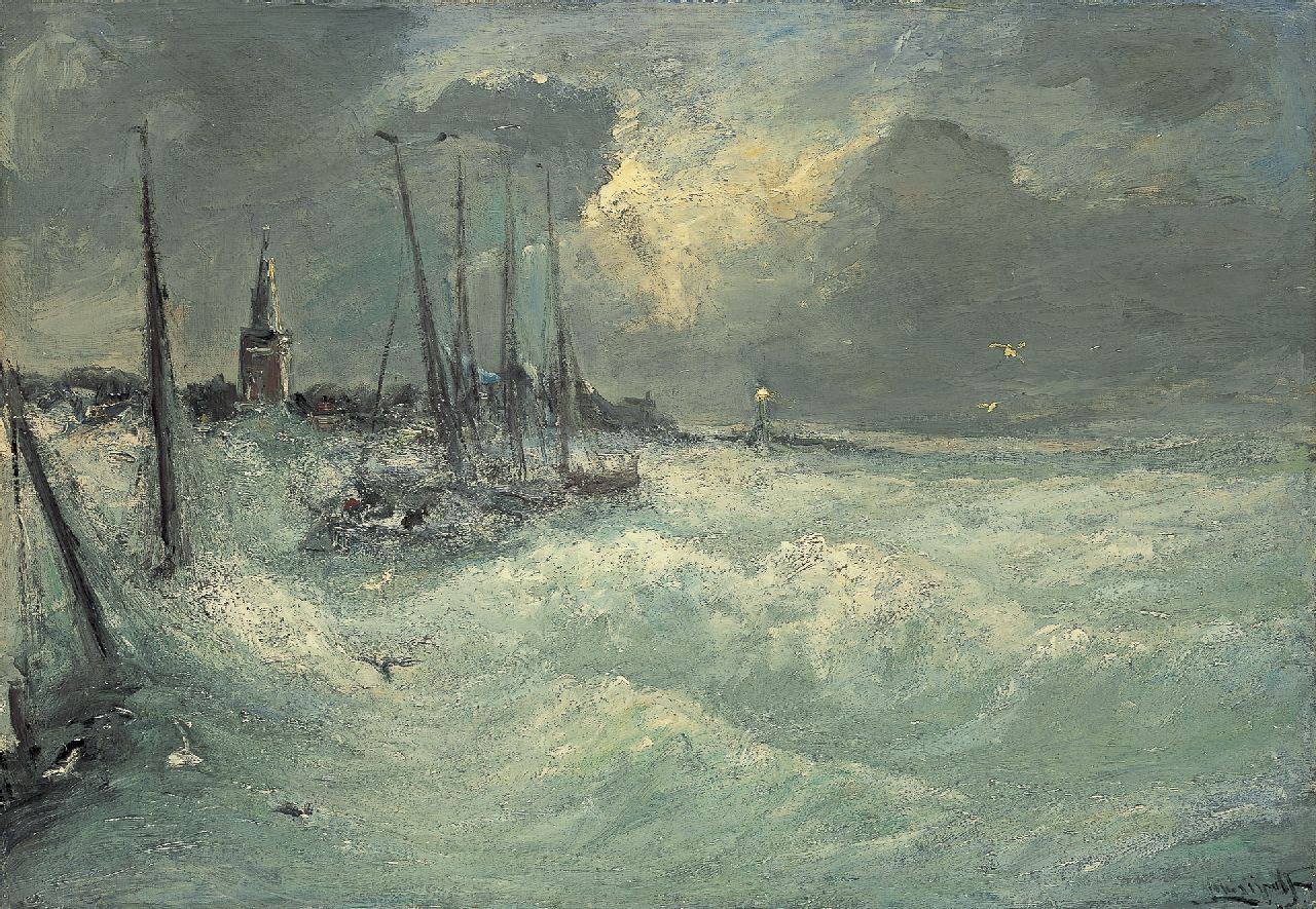 Apol L.F.H. | Lodewijk Franciscus Hendrik 'Louis' Apol, Haven bij storm, olieverf op doek 55,8 x 80,0 cm, gesigneerd rechtsonder Apol L.F.H. | Lodewijk Franciscus Hendrik 'Louis' Apol, Haven bij storm, olieverf op doek 55,8 x 80,0 cm, gesigneerd rechtsonder
