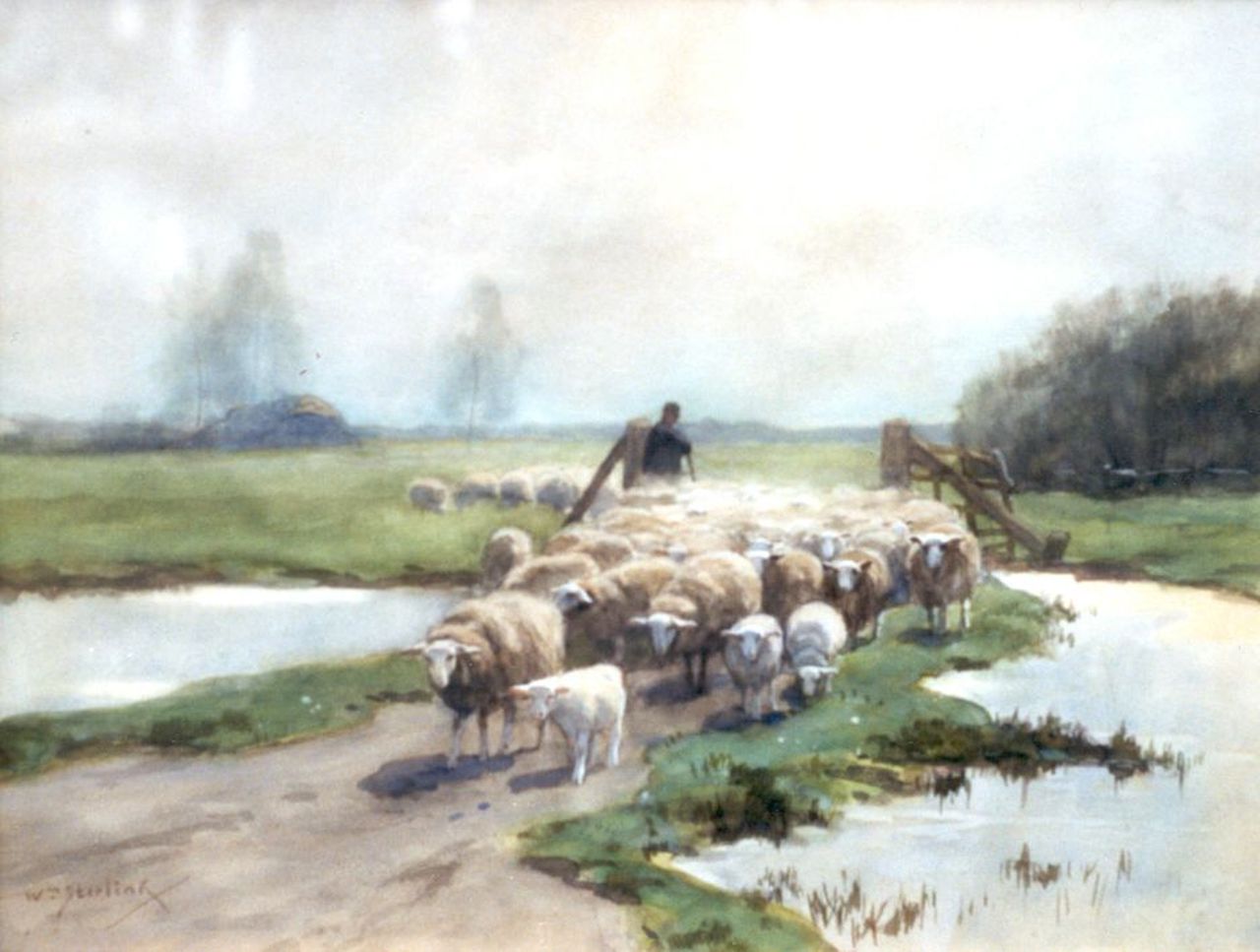 Steelink jr. W. | Willem Steelink jr., Herder met zijn kudde, aquarel op papier 30,9 x 40,8 cm, gesigneerd linksonder Steelink jr. W. | Willem Steelink jr., Herder met zijn kudde, aquarel op papier 30,9 x 40,8 cm, gesigneerd linksonder