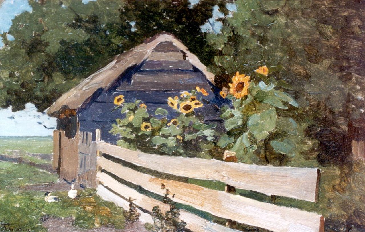 Tholen W.B.  | Willem Bastiaan Tholen, Zonnebloemen achter een hek, olieverf op doek op paneel 20,0 x 31,1 cm, gesigneerd linksonder