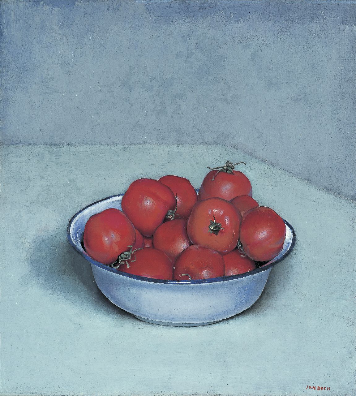 Boon J. | Jan Boon, Stilleven met tomaten in een emaille schaal, olieverf op doek 41,1 x 37,3 cm, gesigneerd rechtsonder Boon J. | Jan Boon, Stilleven met tomaten in een emaille schaal, olieverf op doek 41,1 x 37,3 cm, gesigneerd rechtsonder