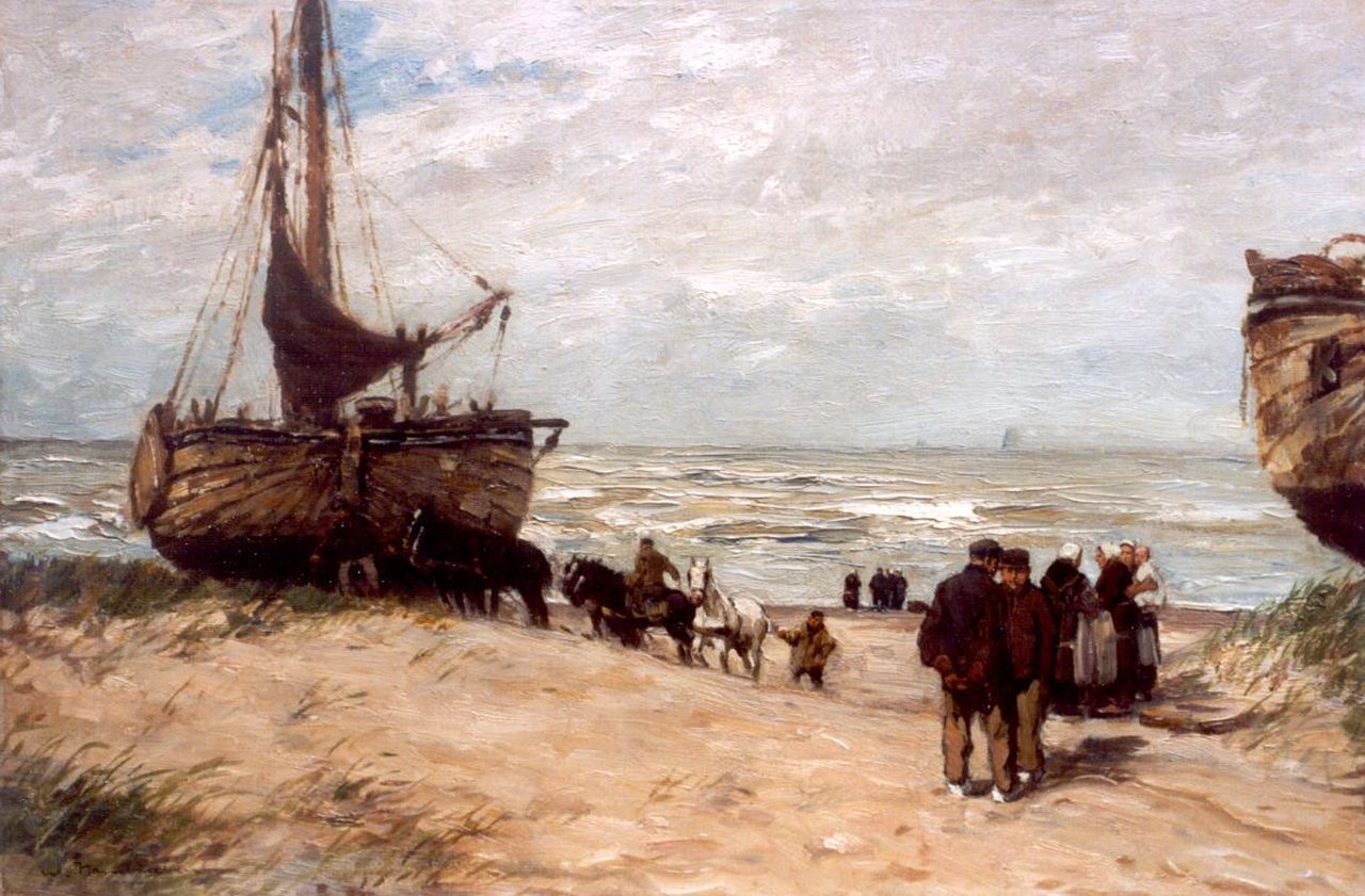 Hambüchen W.  | Wilhelm Hambüchen, Bommen en vissersvolk op het strand van Katwijk, olieverf op doek 50,0 x 75,0 cm, gesigneerd linksonder
