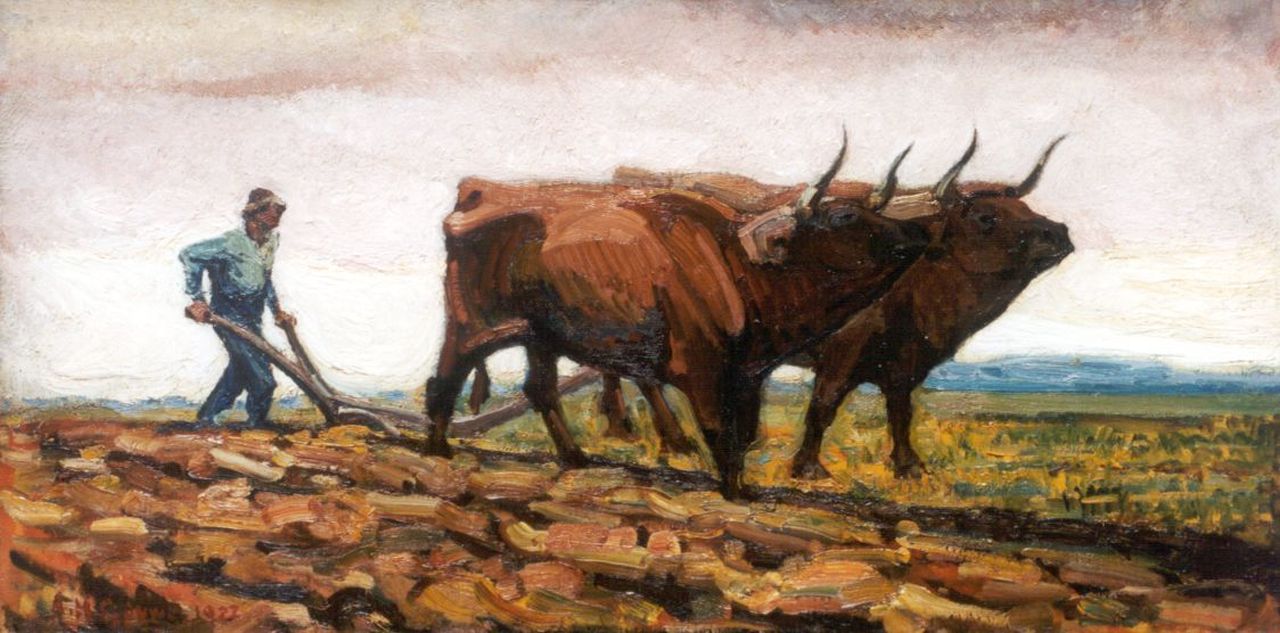 Gouwe A.H.  | Adriaan Herman Gouwe, Ploegende ossen, olieverf op doek 43,2 x 85,3 cm, gesigneerd linksonder en gedateerd 1922