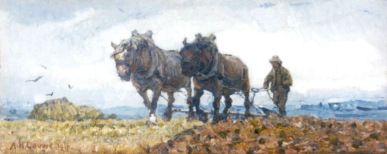 Gouwe A.H. | Adriaan Herman Gouwe, Ploegende boer, olieverf op doek 13,6 x 33,3 cm, gedateerd 1917 Gouwe A.H. | Adriaan Herman Gouwe, Ploegende boer, olieverf op doek 13,6 x 33,3 cm, gedateerd 1917