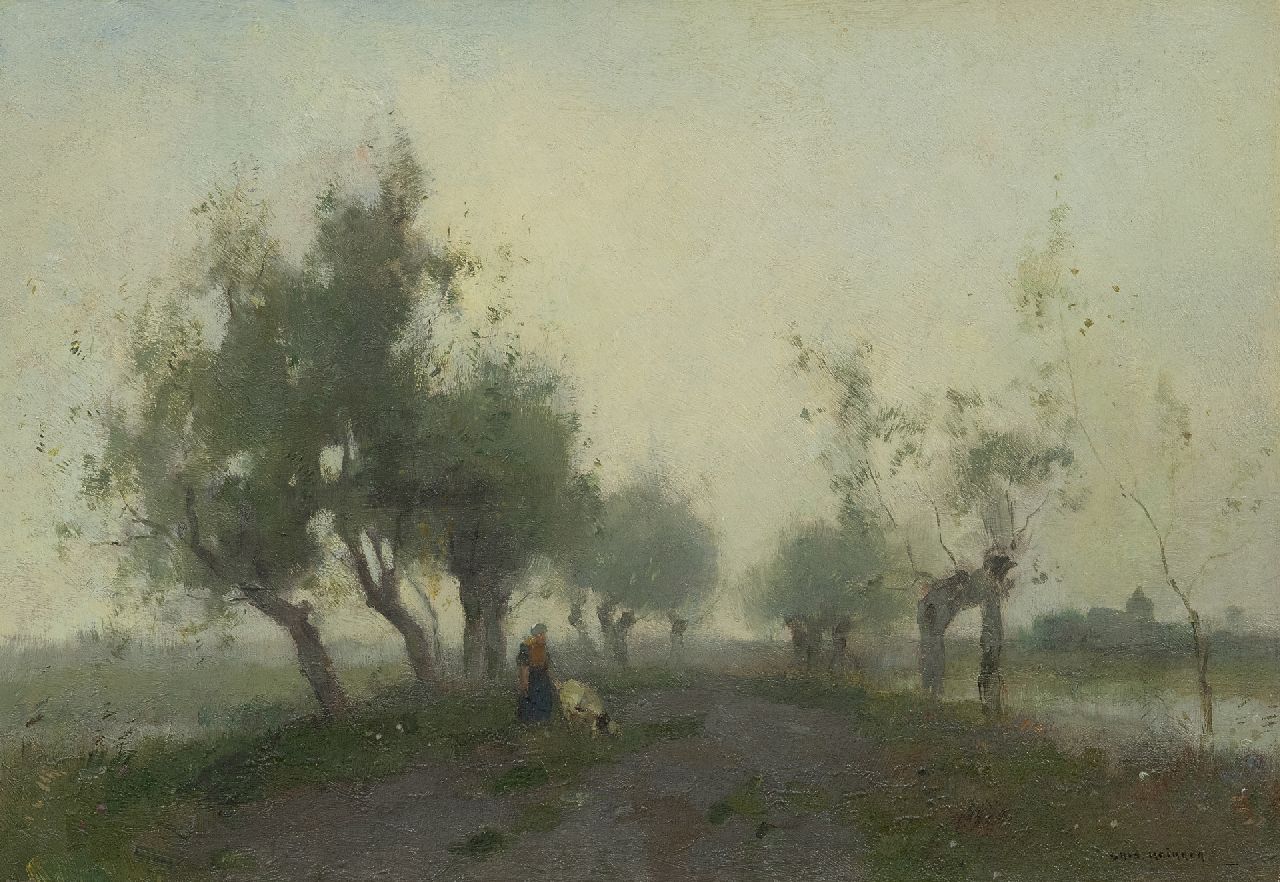 Knikker A. | Aris Knikker, Boerin met geitje op een polderweg, olieverf op doek 30,0 x 43,5 cm, gesigneerd rechtsonder Knikker A. | Aris Knikker, Boerin met geitje op een polderweg, olieverf op doek 30,0 x 43,5 cm, gesigneerd rechtsonder