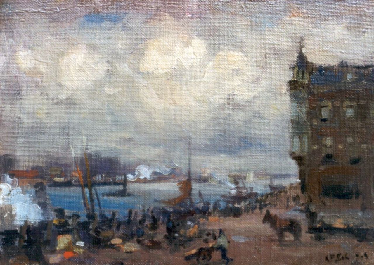 Schotel A.P. | Anthonie Pieter Schotel, De Merwedekade in Dordrecht, olieverf op doek op schildersboard 16,7 x 24,0 cm, gesigneerd rechtsonder Schotel A.P. | Anthonie Pieter Schotel, De Merwedekade in Dordrecht, olieverf op doek op schildersboard 16,7 x 24,0 cm, gesigneerd rechtsonder