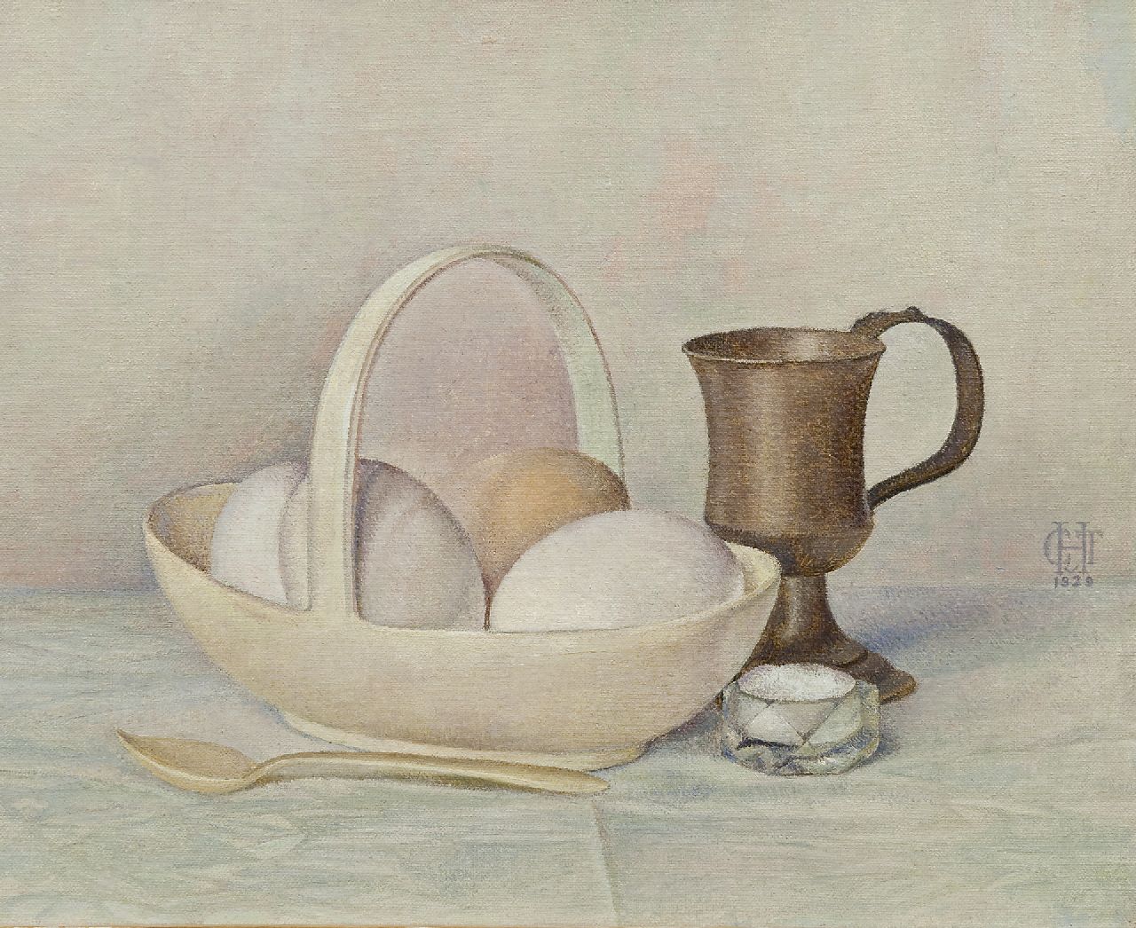 Hettinga Tromp T.G.M. van | Tjitske Geertruida Maria van Hettinga Tromp, Eieren in een Wedgwood bakje, olieverf op doek 24,8 x 30,4 cm, gesigneerd rechts van het midden met monogram en gedateerd 1929 Hettinga Tromp T.G.M. van | Tjitske Geertruida Maria van Hettinga Tromp, Eieren in een Wedgwood bakje, olieverf op doek 24,8 x 30,4 cm, gesigneerd rechts van het midden met monogram en gedateerd 1929