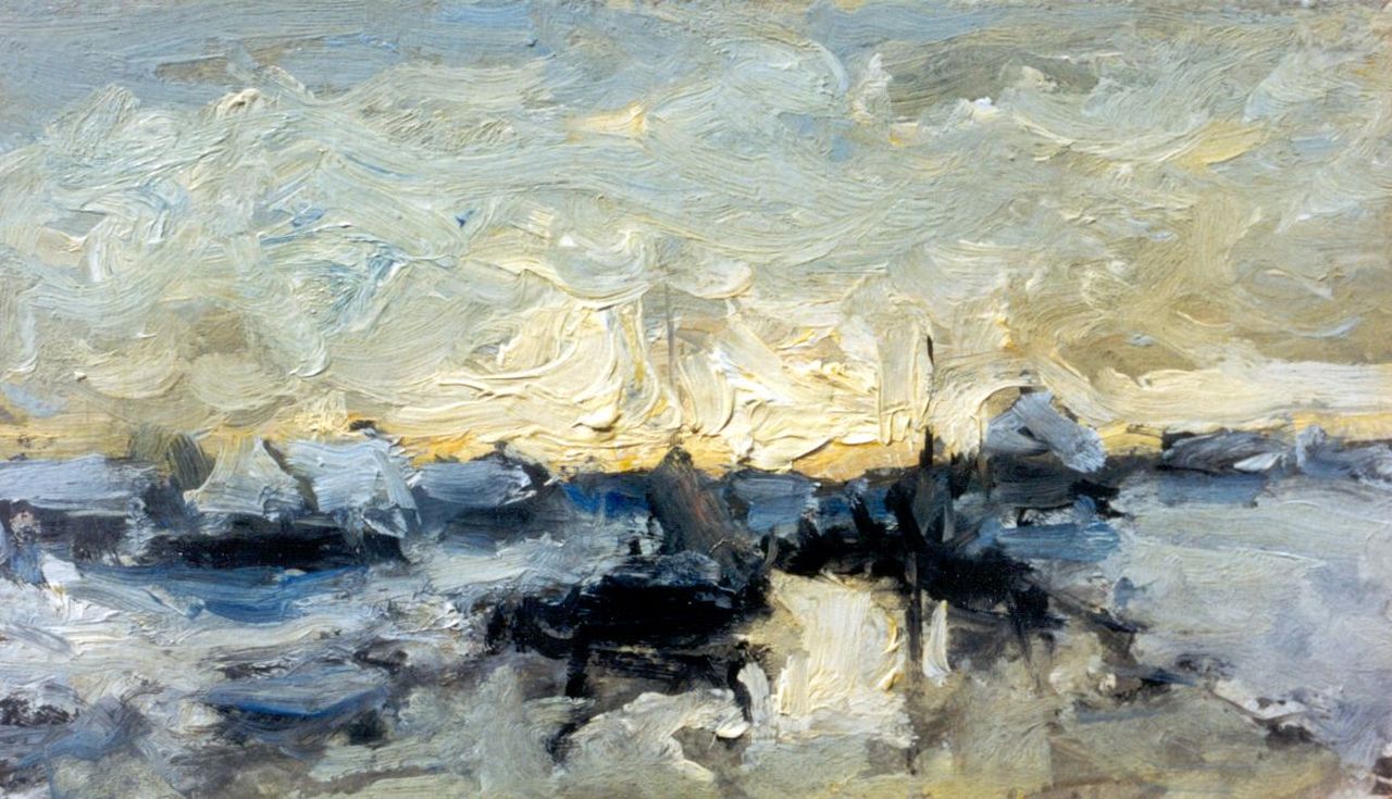Munthe G.A.L.  | Gerhard Arij Ludwig 'Morgenstjerne' Munthe, Winters rivierlandschap, olieverf op schilderskarton 12,4 x 21,1 cm, gesigneerd verso
