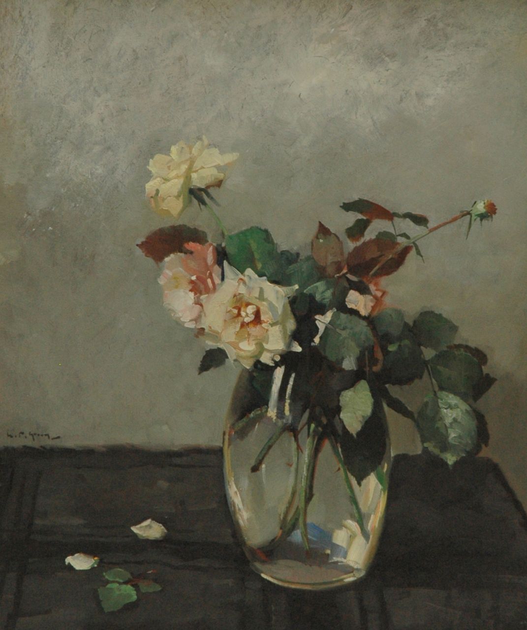 Groen H.P. | Hendrik Pieter 'Piet' Groen, Rozen in glazen vaas, olieverf op schilderskarton 58,1 x 49,0 cm, gesigneerd l v/h m Groen H.P. | Hendrik Pieter 'Piet' Groen, Rozen in glazen vaas, olieverf op schilderskarton 58,1 x 49,0 cm, gesigneerd l v/h m