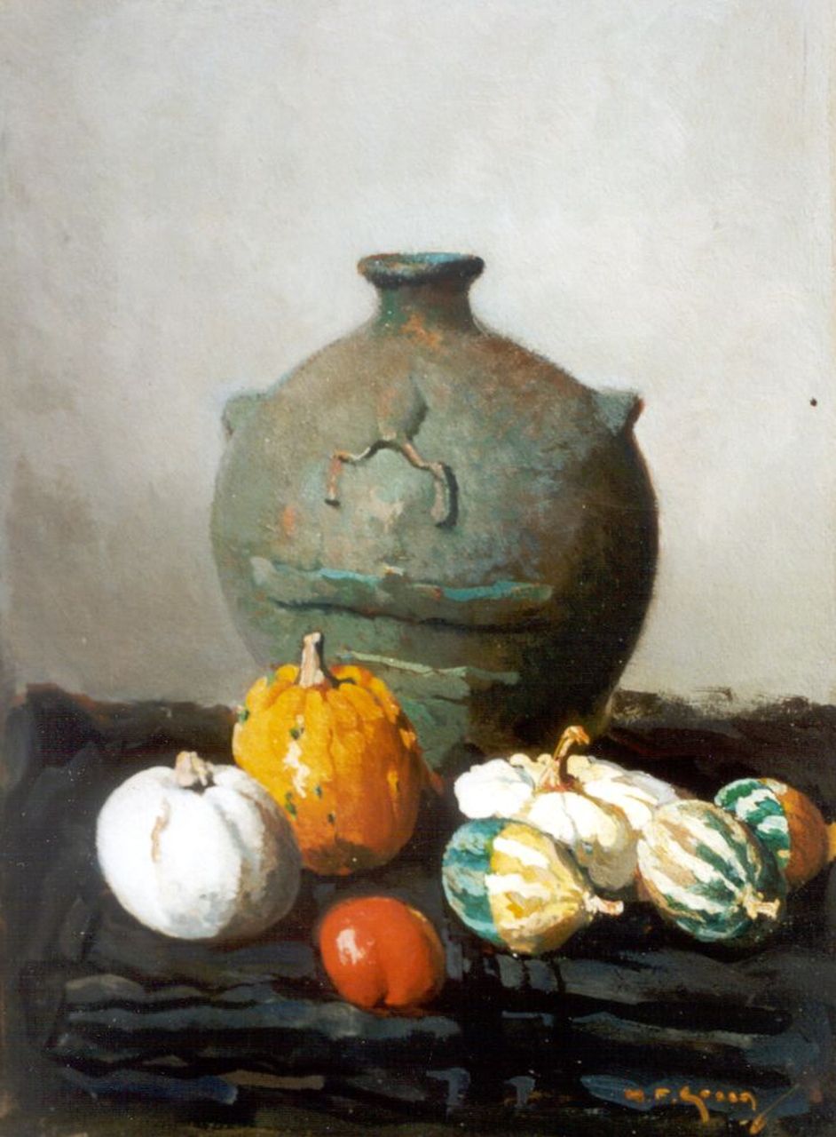 Groen H.P.  | Hendrik Pieter 'Piet' Groen, Stilleven met sierkalebassen, olieverf op schilderskarton 34,1 x 25,2 cm, gesigneerd rechtsonder