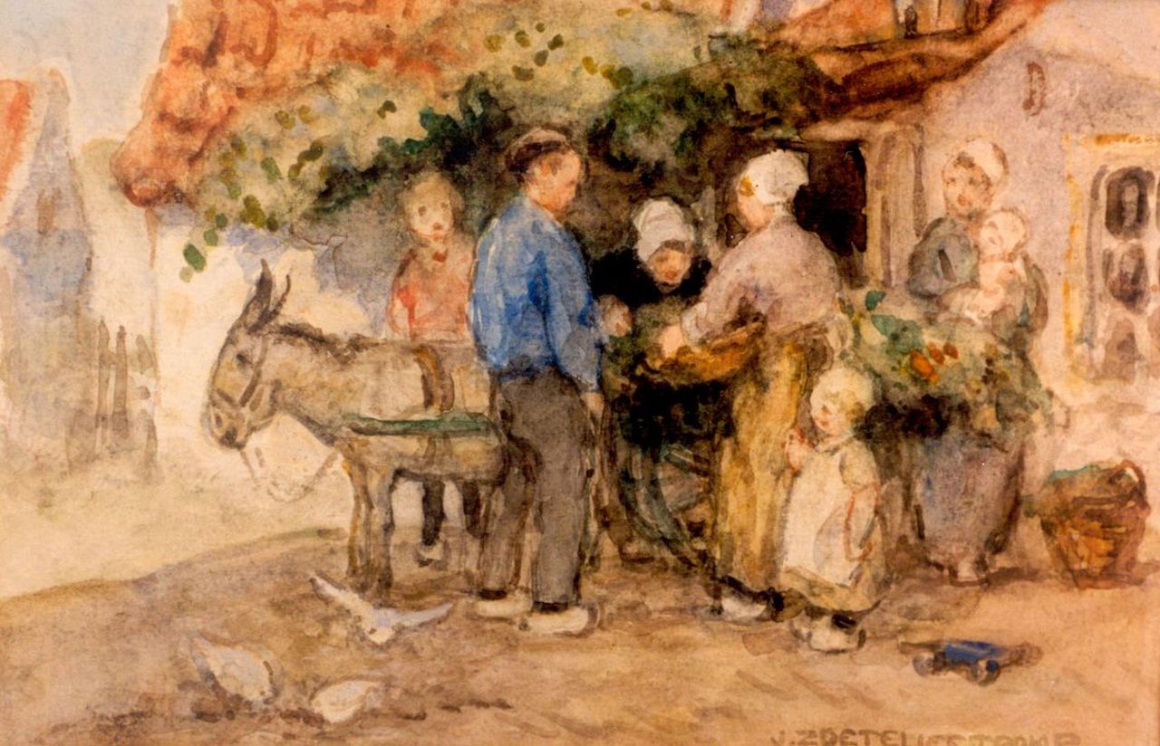 Zoetelief Tromp J. | Johannes 'Jan' Zoetelief Tromp, Bij de groentekar, aquarel op papier 17,3 x 24,4 cm, gesigneerd rechtsonder Zoetelief Tromp J. | Johannes 'Jan' Zoetelief Tromp, Bij de groentekar, aquarel op papier 17,3 x 24,4 cm, gesigneerd rechtsonder