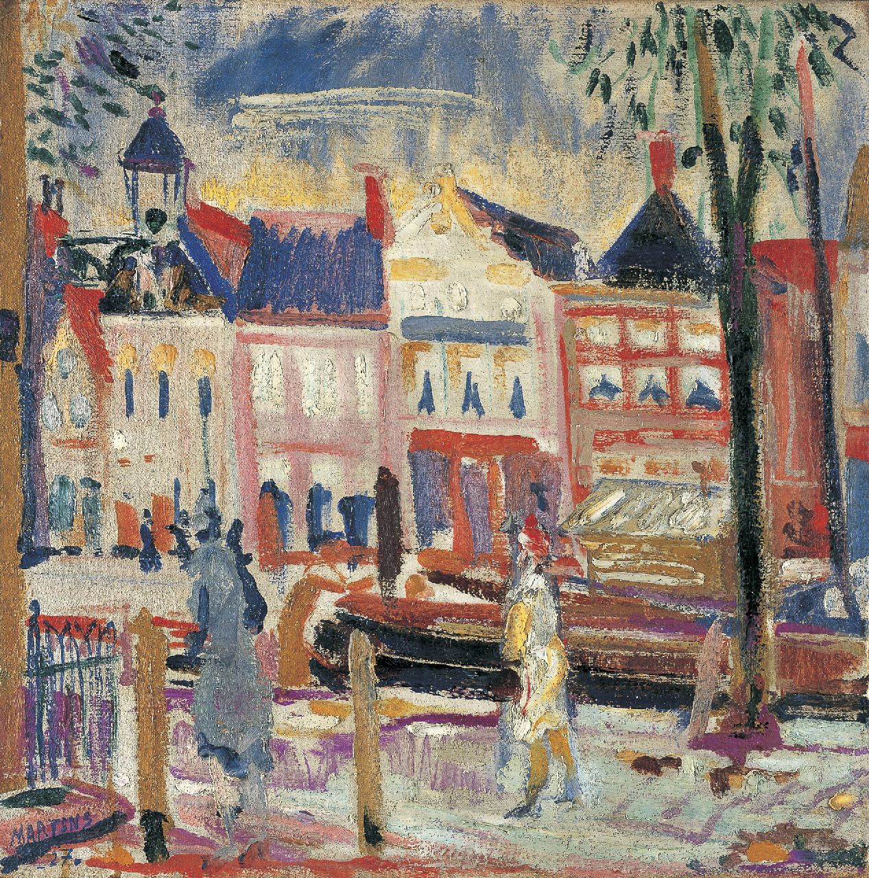 Martens G.G. | Gijsbert 'George' Martens, Gezicht op het Schuitendiep, wasverf op doek 48,0 x 48,0 cm, gesigneerd linksonder en gedateerd '27 Martens G.G. | Gijsbert 'George' Martens, Gezicht op het Schuitendiep, wasverf op doek 48,0 x 48,0 cm, gesigneerd linksonder en gedateerd '27