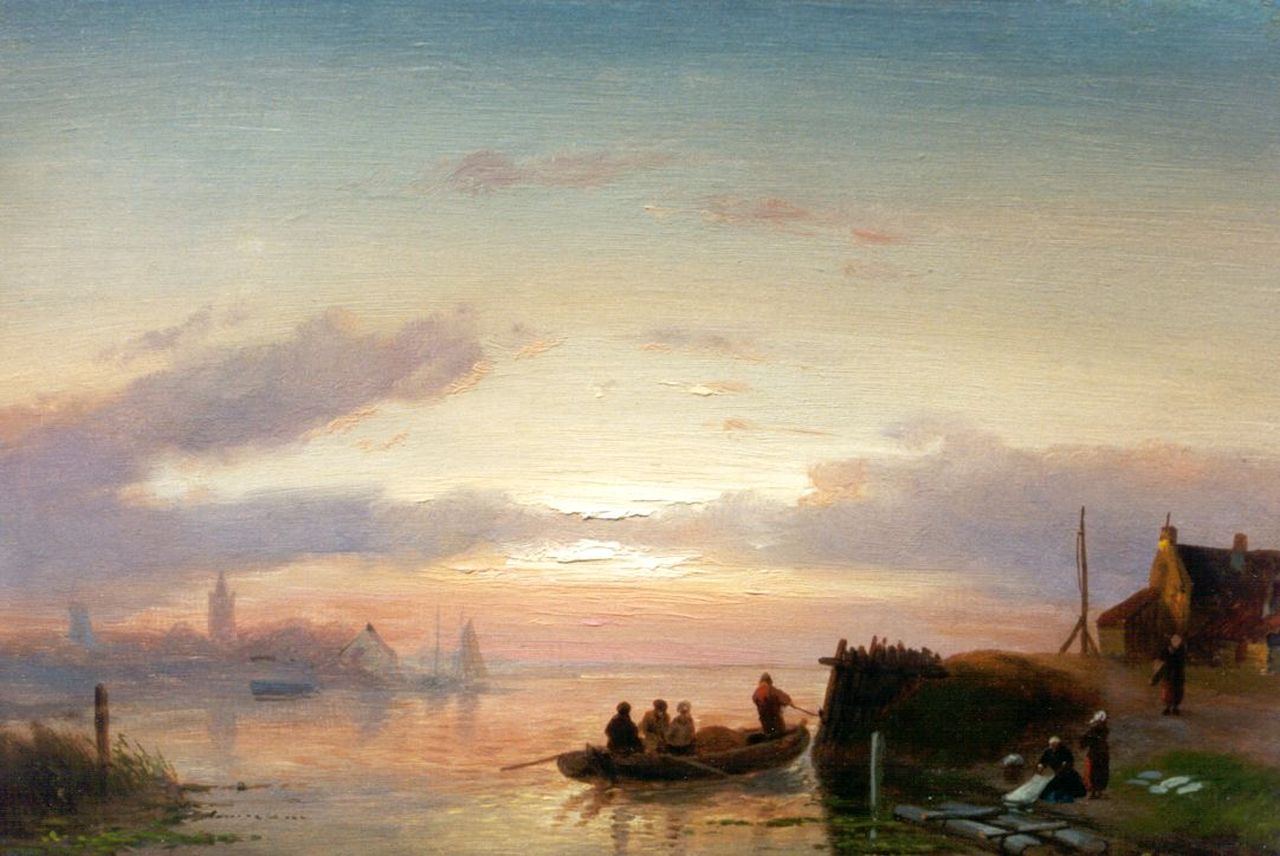 Leickert C.H.J. | 'Charles' Henri Joseph Leickert, Avondschemering op het water, olieverf op paneel 22,7 x 32,4 cm, gesigneerd rechtsonder Leickert C.H.J. | 'Charles' Henri Joseph Leickert, Avondschemering op het water, olieverf op paneel 22,7 x 32,4 cm, gesigneerd rechtsonder