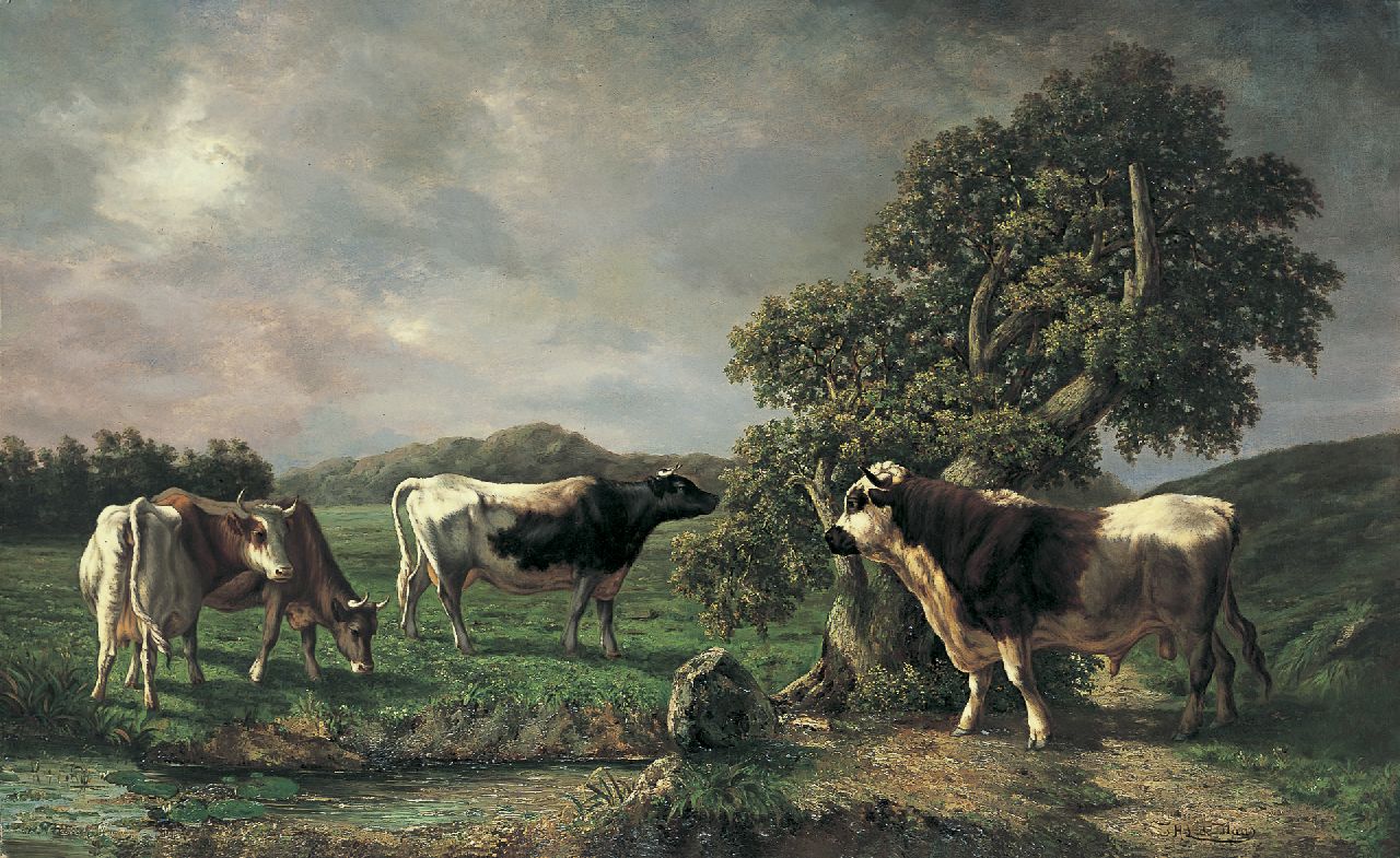 Haas J.H.L. de | Johannes Hubertus Leonardus de Haas, Vee in zomers weidelandschap, olieverf op doek 110,7 x 180,8 cm, gesigneerd rechtsonder