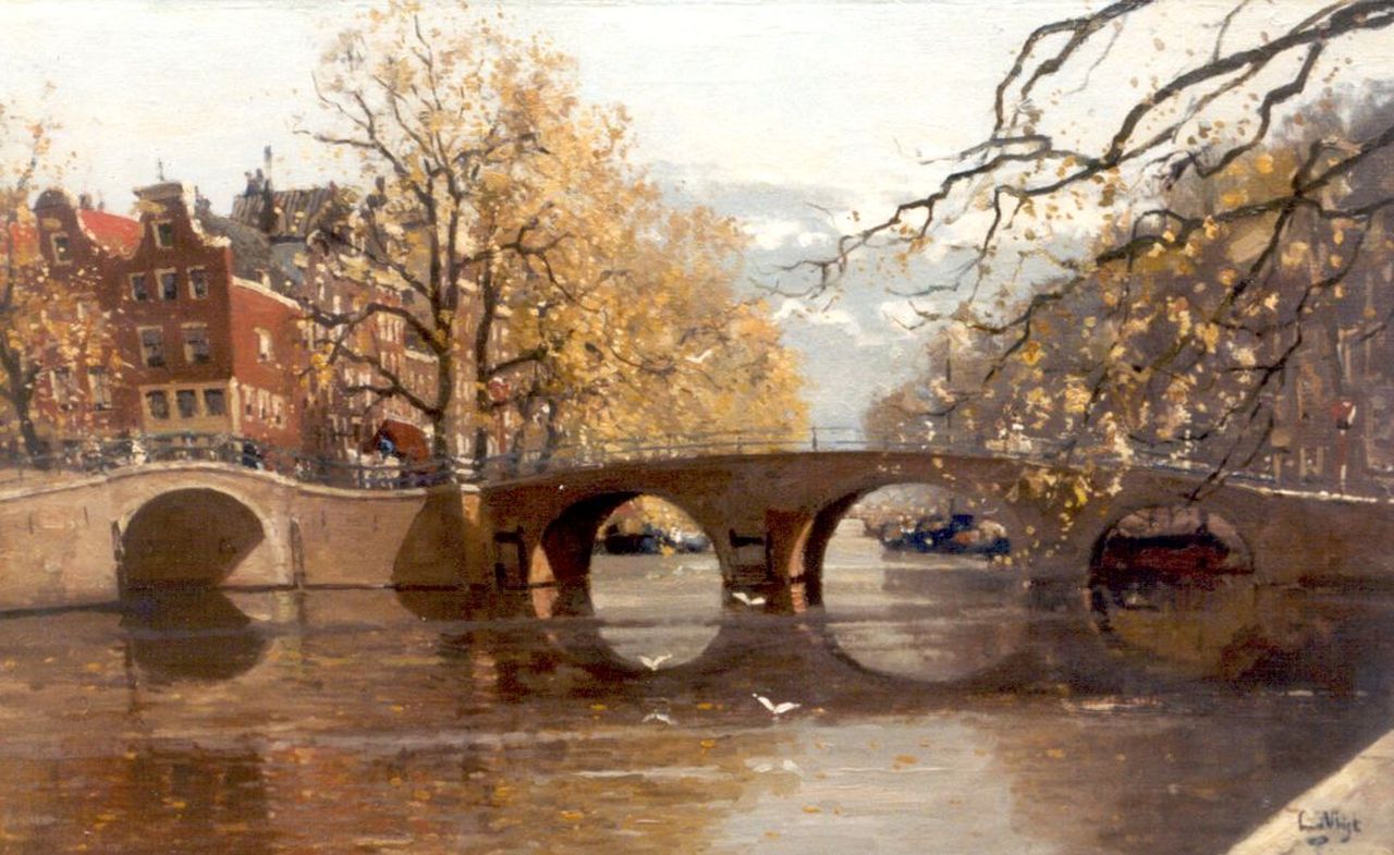 Vlist L. van der | Leendert van der Vlist, Gezicht op de Keizersgracht hoek Reguliersgracht, Amsterdam, olieverf op doek 50,0 x 79,8 cm, gesigneerd rechtsonder en verso Vlist L. van der | Leendert van der Vlist, Gezicht op de Keizersgracht hoek Reguliersgracht, Amsterdam, olieverf op doek 50,0 x 79,8 cm, gesigneerd rechtsonder en verso