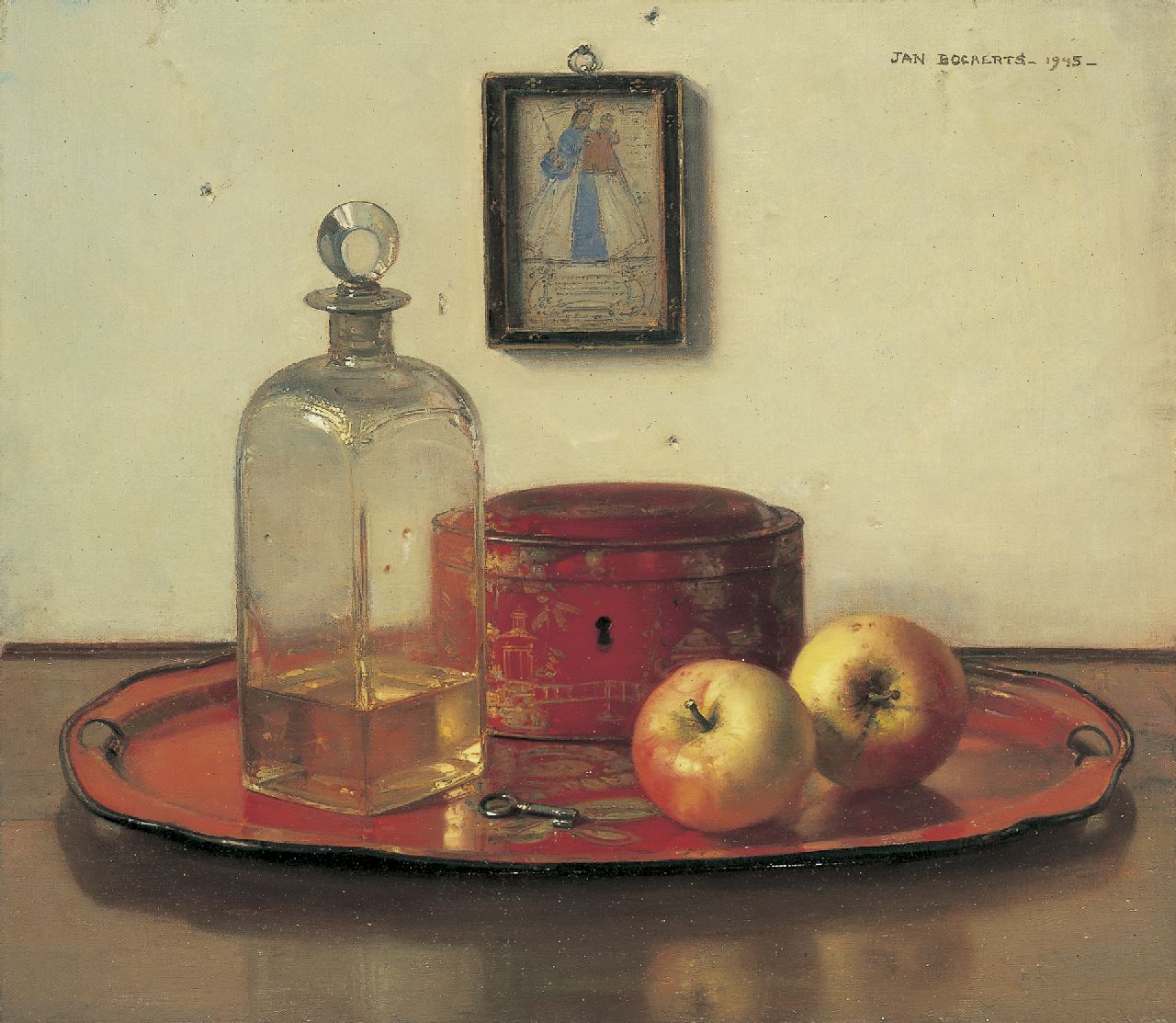 Bogaerts J.J.M. | Johannes Jacobus Maria 'Jan' Bogaerts, Stilleven met karaf en appels op een dienblad, olieverf op doek 40,2 x 45,5 cm, gesigneerd rechtsboven en gedateerd 1945 Bogaerts J.J.M. | Johannes Jacobus Maria 'Jan' Bogaerts, Stilleven met karaf en appels op een dienblad, olieverf op doek 40,2 x 45,5 cm, gesigneerd rechtsboven en gedateerd 1945