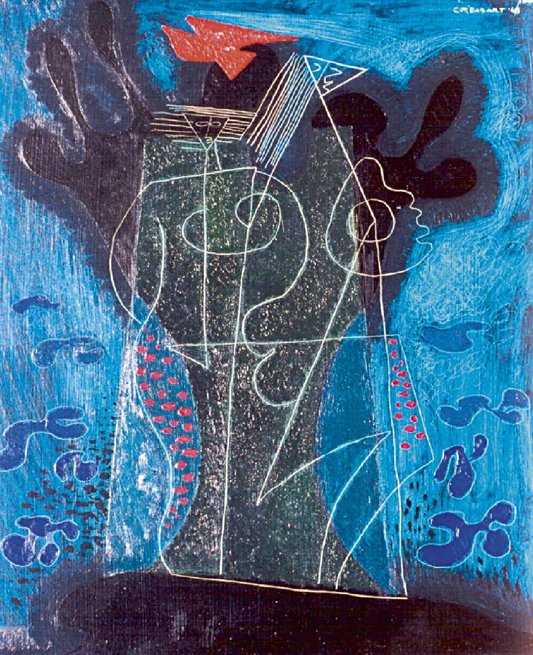 Basart C.J.  | Cornelis Johannes 'Cor' Basart, Compositie, olieverf op doek op schildersboard 46,0 x 38,0 cm, gesigneerd rechtsboven en gedateerd 1948