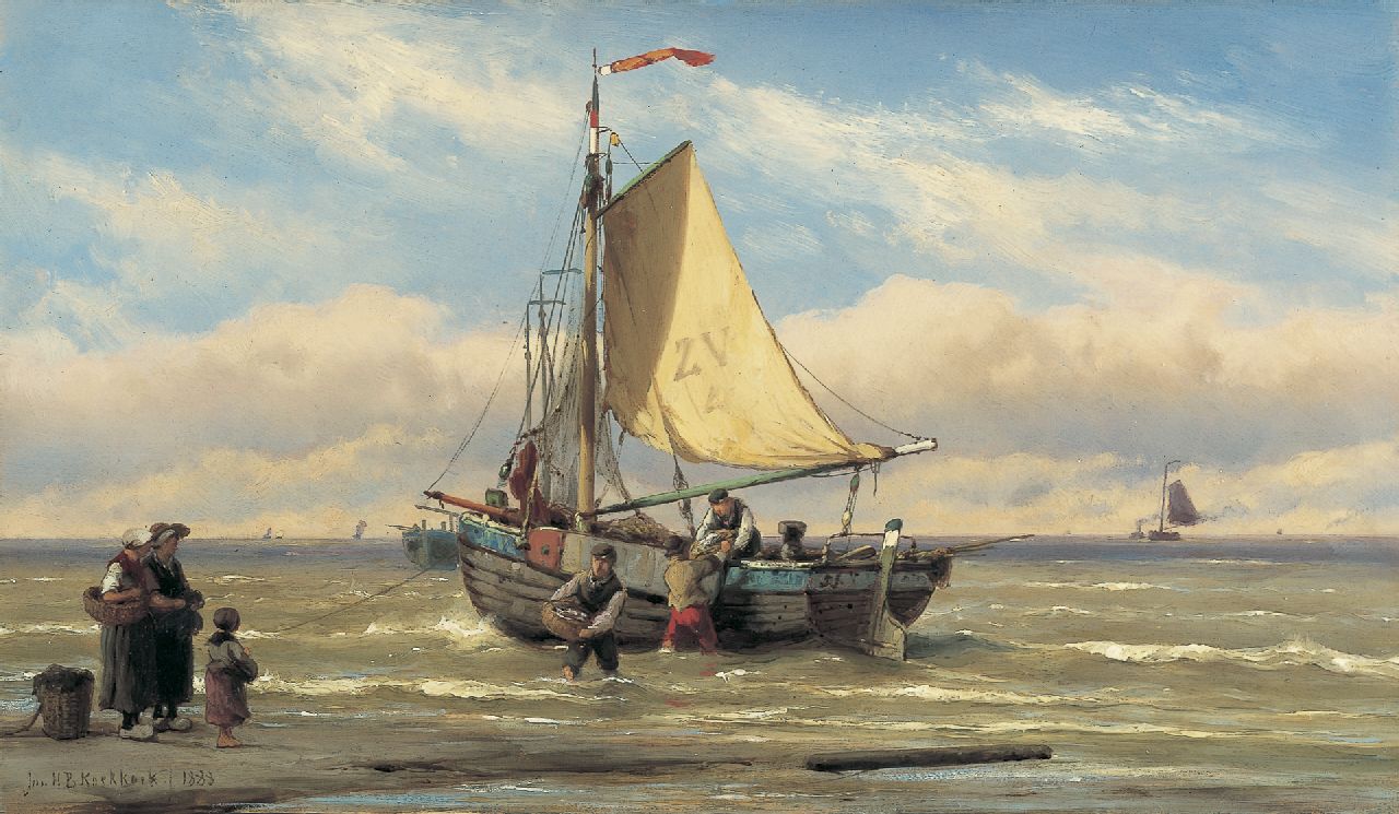 Koekkoek J.H.B. | Johannes Hermanus Barend 'Jan H.B.' Koekkoek, Het uitladen van de vangst, Zandvoort, olieverf op paneel 24,3 x 42,0 cm, gesigneerd linksonder en verso en gedateerd 1888 Koekkoek J.H.B. | Johannes Hermanus Barend 'Jan H.B.' Koekkoek, Het uitladen van de vangst, Zandvoort, olieverf op paneel 24,3 x 42,0 cm, gesigneerd linksonder en verso en gedateerd 1888