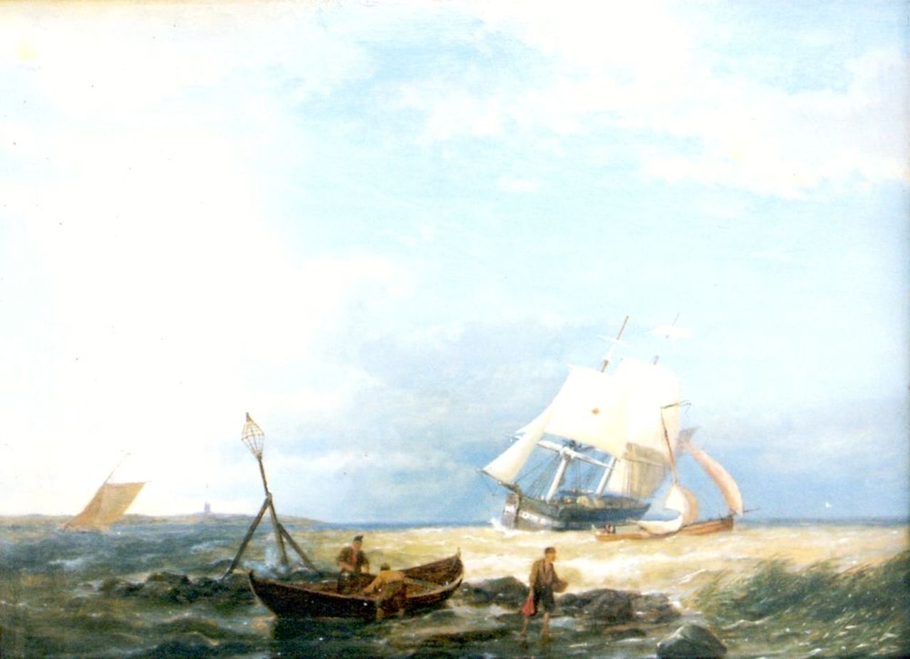 Dommershuijzen P.C. | Pieter Cornelis Dommershuijzen, Zeilende brik voor de kust, olieverf op paneel 28,0 x 38,5 cm Dommershuijzen P.C. | Pieter Cornelis Dommershuijzen, Zeilende brik voor de kust, olieverf op paneel 28,0 x 38,5 cm