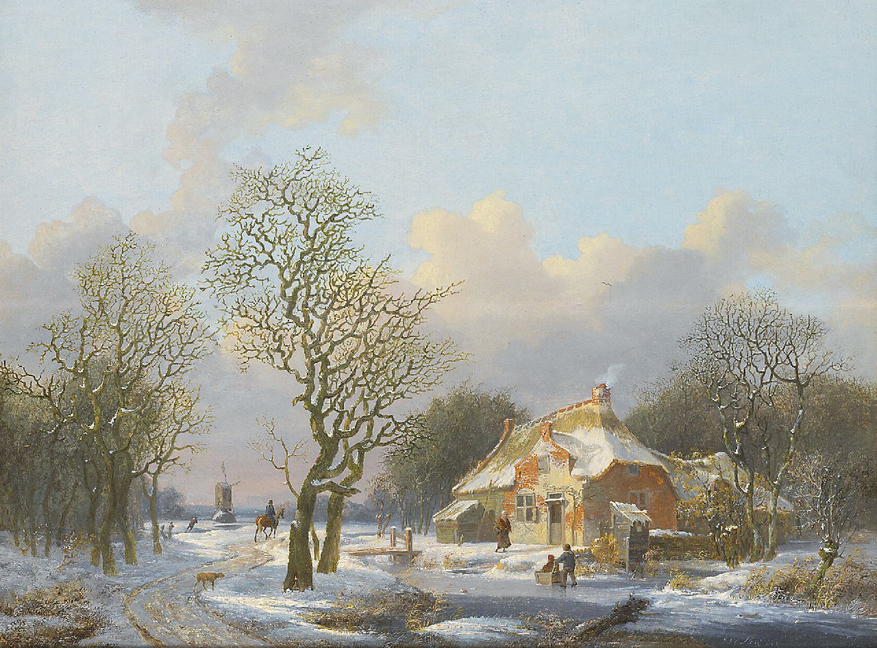 Stok J. van der | Jacobus van der Stok, Winterlandschap met figuren bij een boerenhoeve, olieverf op paneel 38,0 x 49,7 cm, gesigneerd rechtsonder Stok J. van der | Jacobus van der Stok, Winterlandschap met figuren bij een boerenhoeve, olieverf op paneel 38,0 x 49,7 cm, gesigneerd rechtsonder