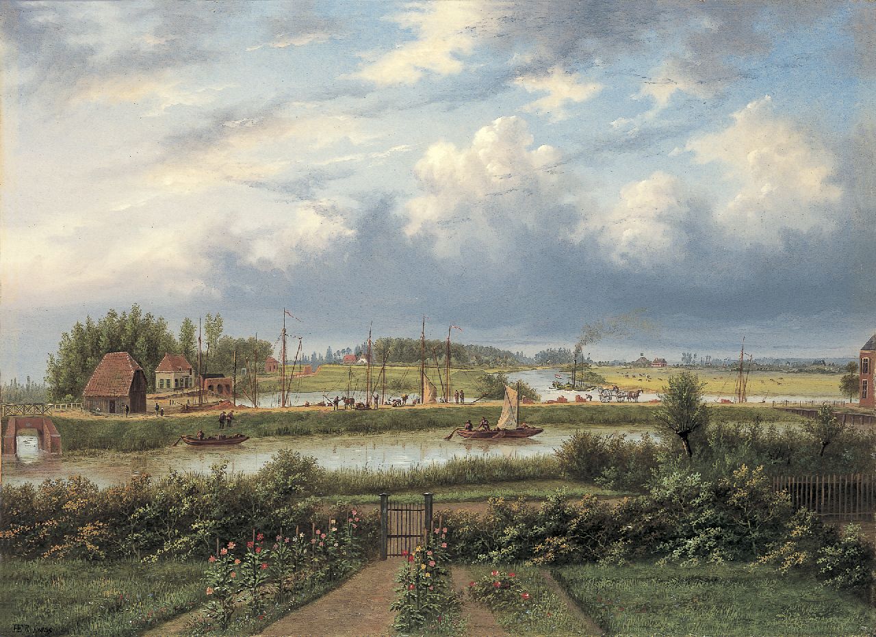 Rademaker H.E. | Hermanus Everhardus Rademaker, De haven van Doesburg bij de samenloop van de Oude IJssel en de IJssel, olieverf op paneel 40,0 x 54,7 cm, gesigneerd linksonder met monogram en gedateerd 1855 Rademaker H.E. | Hermanus Everhardus Rademaker, De haven van Doesburg bij de samenloop van de Oude IJssel en de IJssel, olieverf op paneel 40,0 x 54,7 cm, gesigneerd linksonder met monogram en gedateerd 1855