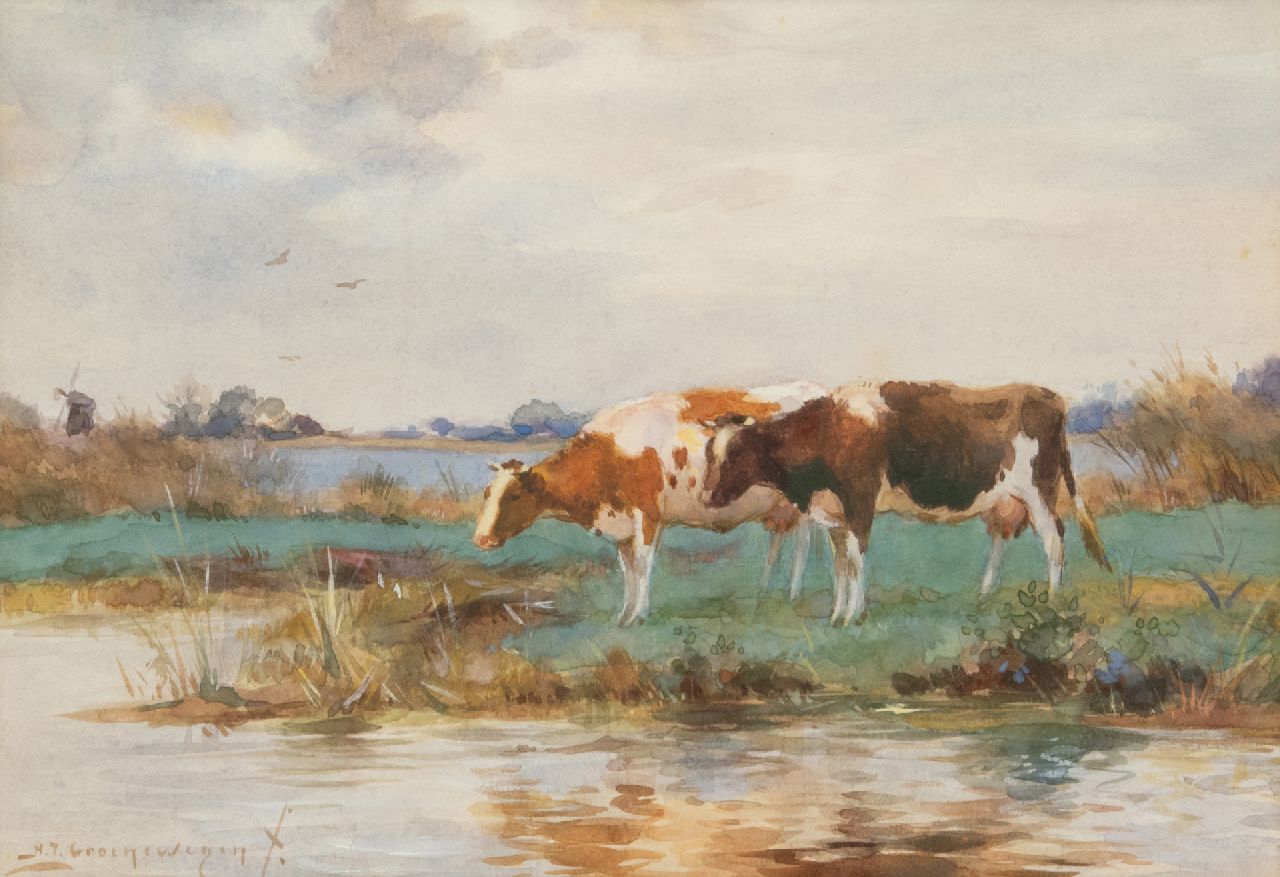 Groenewegen A.J. | Adrianus Johannes Groenewegen | Aquarellen en tekeningen te koop aangeboden | Drinkend vee, aquarel op papier 18,0 x 25,5 cm, gesigneerd linksonder Groenewegen A.J. | Adrianus Johannes Groenewegen | Aquarellen en tekeningen te koop aangeboden | Drinkend vee, aquarel op papier 18,0 x 25,5 cm, gesigneerd linksonder