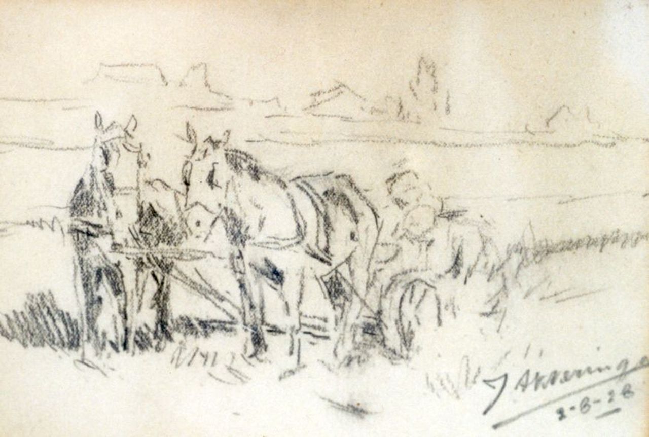 Akkeringa J.E.H. | 'Johannes Evert' Hendrik Akkeringa, Ploegende paarden, potlood op papier 10,3 x 15,2 cm, gesigneerd rechtsonder en gedateerd 2-8-28 Akkeringa J.E.H. | 'Johannes Evert' Hendrik Akkeringa, Ploegende paarden, potlood op papier 10,3 x 15,2 cm, gesigneerd rechtsonder en gedateerd 2-8-28