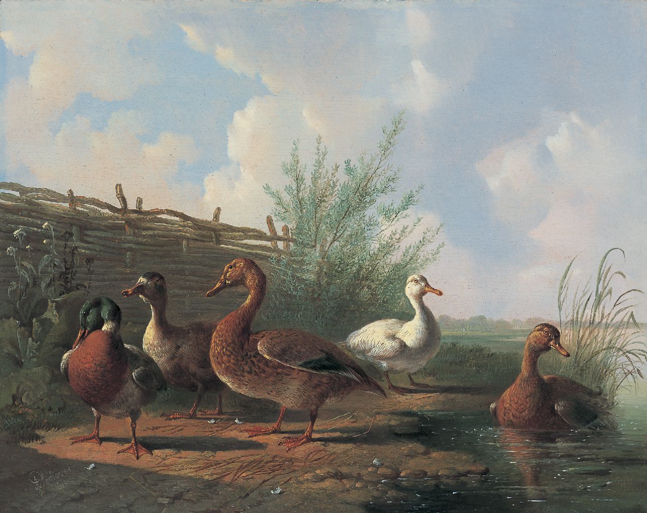 Verhoesen A. | Albertus Verhoesen, Eenden bij de waterkant, olieverf op paneel 27,0 x 34,1 cm, gesigneerd linksonder en gedateerd 1860 Verhoesen A. | Albertus Verhoesen, Eenden bij de waterkant, olieverf op paneel 27,0 x 34,1 cm, gesigneerd linksonder en gedateerd 1860