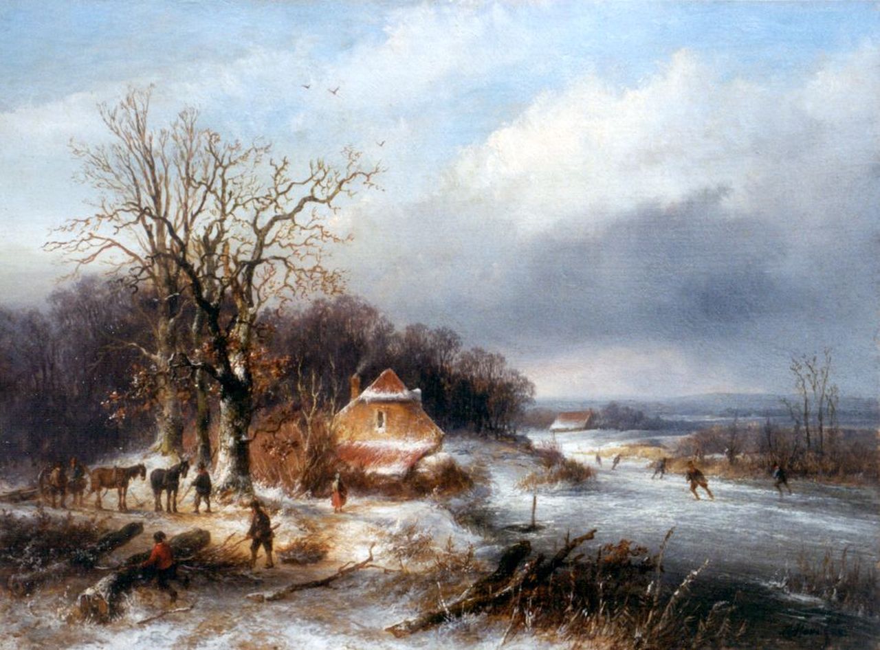 Hans J.G.  | Josephus Gerardus Hans, Winterlandschap met schaatsers en houtsprokkelaars, olieverf op paneel 23,3 x 31,5 cm, gesigneerd rechtsonder en gedateerd '55