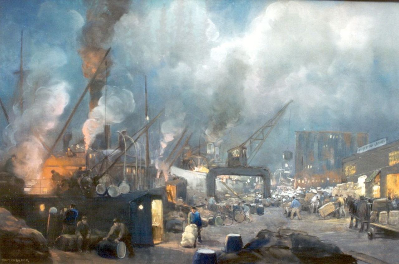 Heijenbrock J.C.H.  | Johan Coenraad Hermann 'Herman' Heijenbrock, Bedrijvigheid op een laadkade, pastel op papier 62,5 x 95,0 cm, gesigneerd linksonder