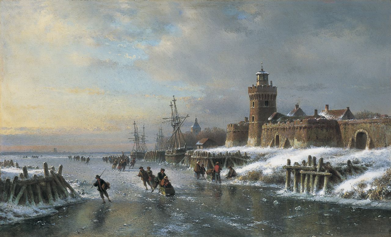 Kleijn L.J. | Lodewijk Johannes Kleijn, Schaatsers op een bevroren havenmonding bij een stadswal, olieverf op paneel 40,4 x 66,3 cm, gesigneerd linksonder Kleijn L.J. | Lodewijk Johannes Kleijn, Schaatsers op een bevroren havenmonding bij een stadswal, olieverf op paneel 40,4 x 66,3 cm, gesigneerd linksonder