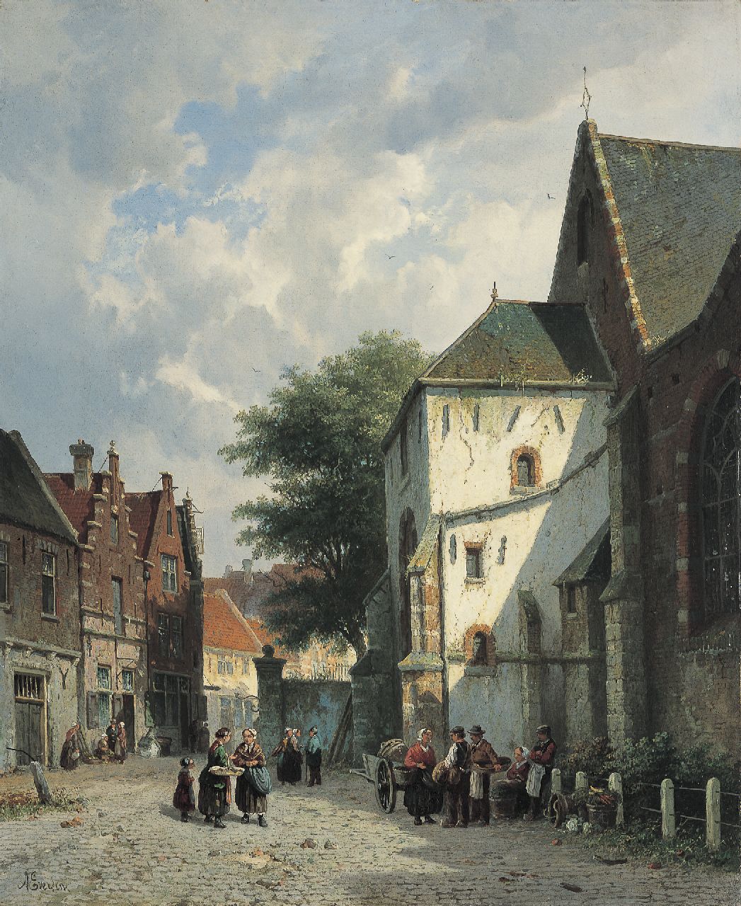 Eversen A. | Adrianus Eversen, Bedrijvigheid bij een kerk, olieverf op doek 56,7 x 46,6 cm, gesigneerd l.l. en met monogram Eversen A. | Adrianus Eversen, Bedrijvigheid bij een kerk, olieverf op doek 56,7 x 46,6 cm, gesigneerd l.l. en met monogram
