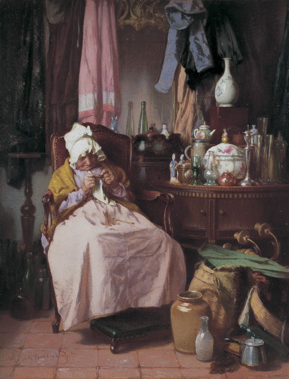 Bakker Korff A.H.  | Alexander Hugo Bakker Korff, De bric-à-brac verkoopster, olieverf op paneel 19,0 x 14,5 cm, gesigneerd linksonder en gedateerd '67
