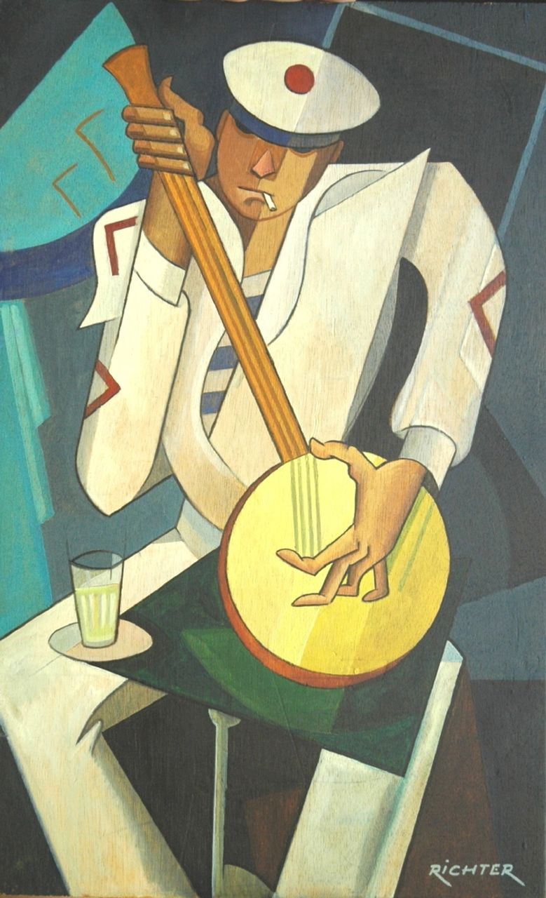 Richter A. | Aurel Richter, Matroos met banjo, olieverf op paneel 47,3 x 29,2 cm, gesigneerd rechtsonder Richter A. | Aurel Richter, Matroos met banjo, olieverf op paneel 47,3 x 29,2 cm, gesigneerd rechtsonder