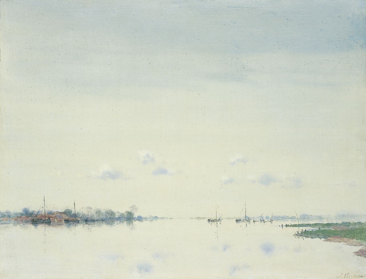 Voerman sr. J. | Jan Voerman sr., IJsselgezicht met tjalken en zandtrekkers, olieverf op paneel 40,1 x 52,2 cm, gesigneerd rechtsonder Voerman sr. J. | Jan Voerman sr., IJsselgezicht met tjalken en zandtrekkers, olieverf op paneel 40,1 x 52,2 cm, gesigneerd rechtsonder